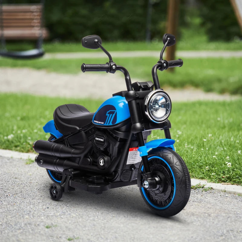 Aosom 6V Kids Motorcycle with Training Wheels, Foot Pedal, Headlight, Music, Forward/Reverse, Single-Button Start, Blue