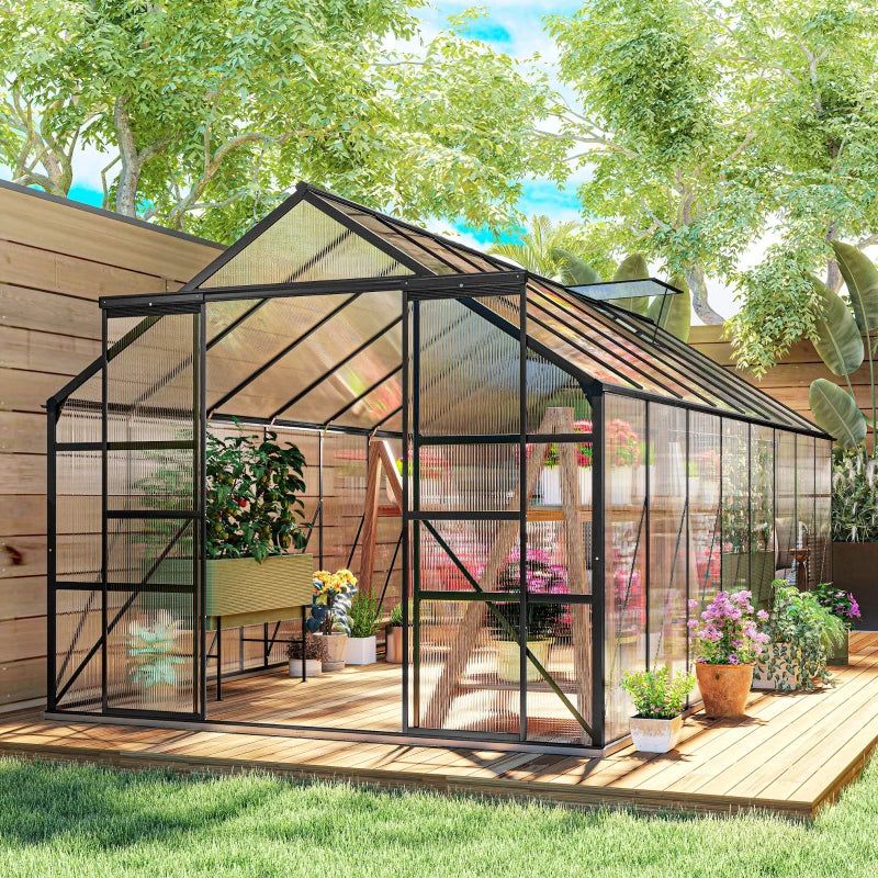 Aluminum Greenhouse Polycarbonate Walk-in Garden Greenhouse Kit with Rain Gutter and Sliding Door, 16' x 8', Dark Grey