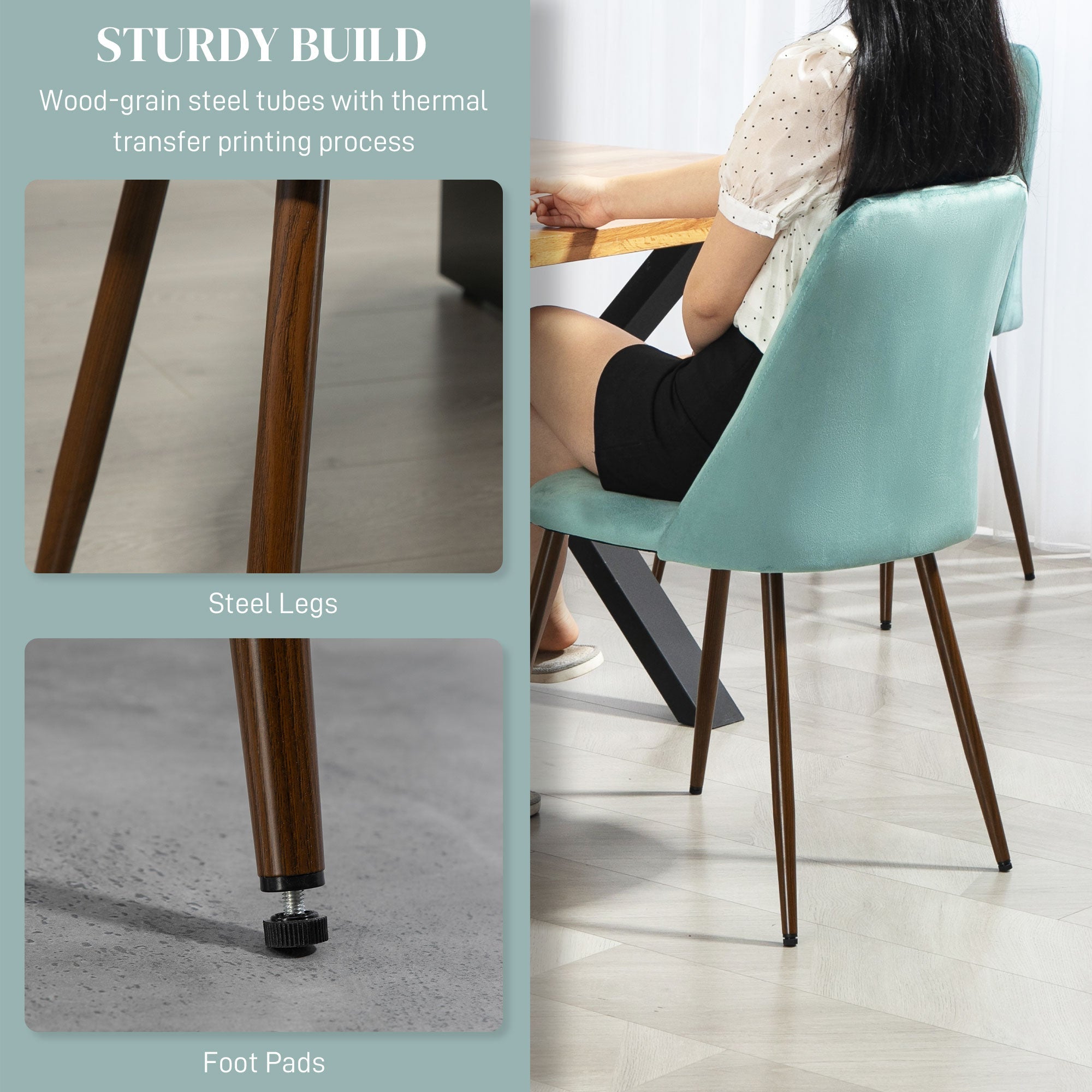 HOMCOM Upholstered Dining Chairs Set of 4, Velvet Accent Chair with Back and Wood-grain Steel Leg for Kitchen, Light Green