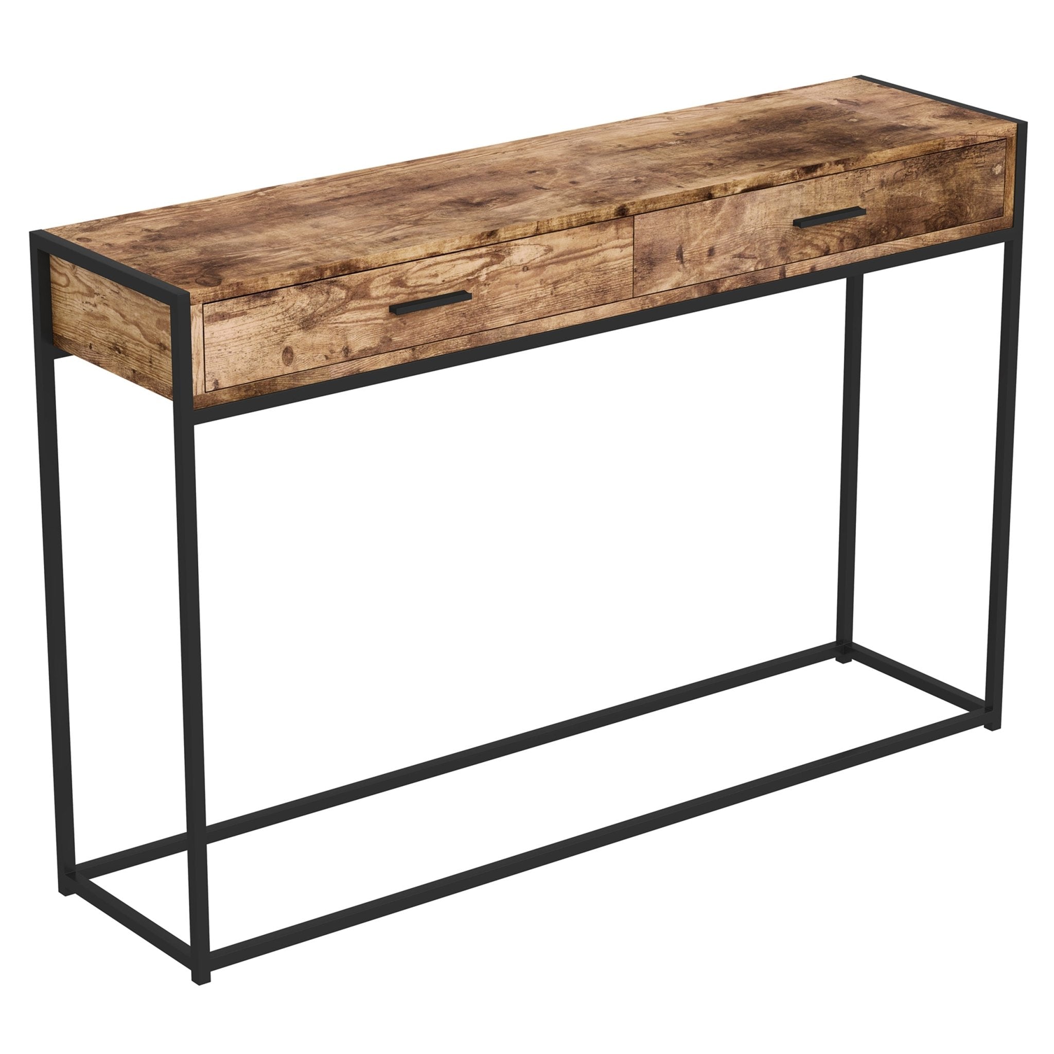 Console Sofa Table Brown Reclaimed Wood 2 Drawers Black Metal