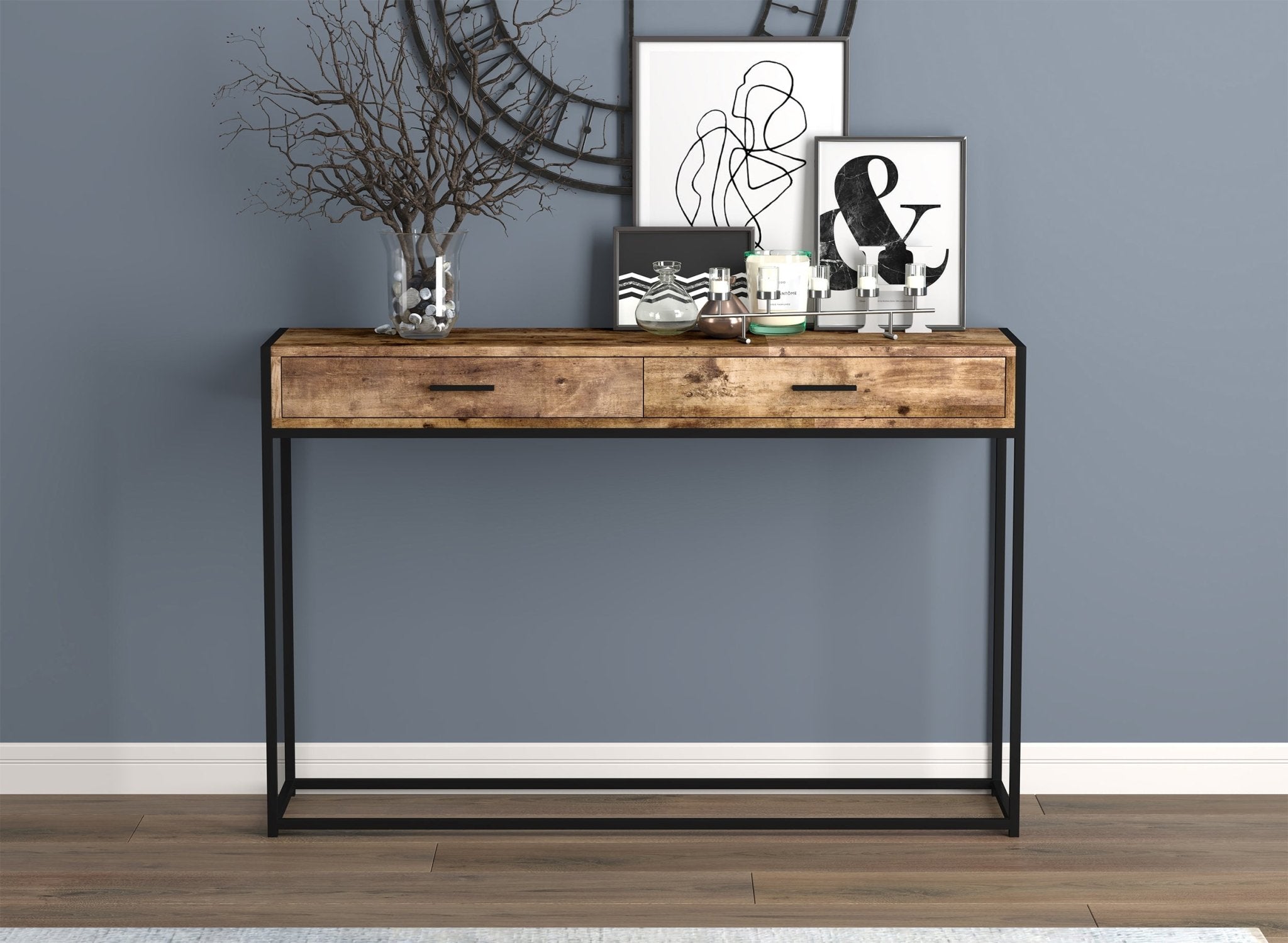 Console Sofa Table Brown Reclaimed Wood 2 Drawers Black Metal