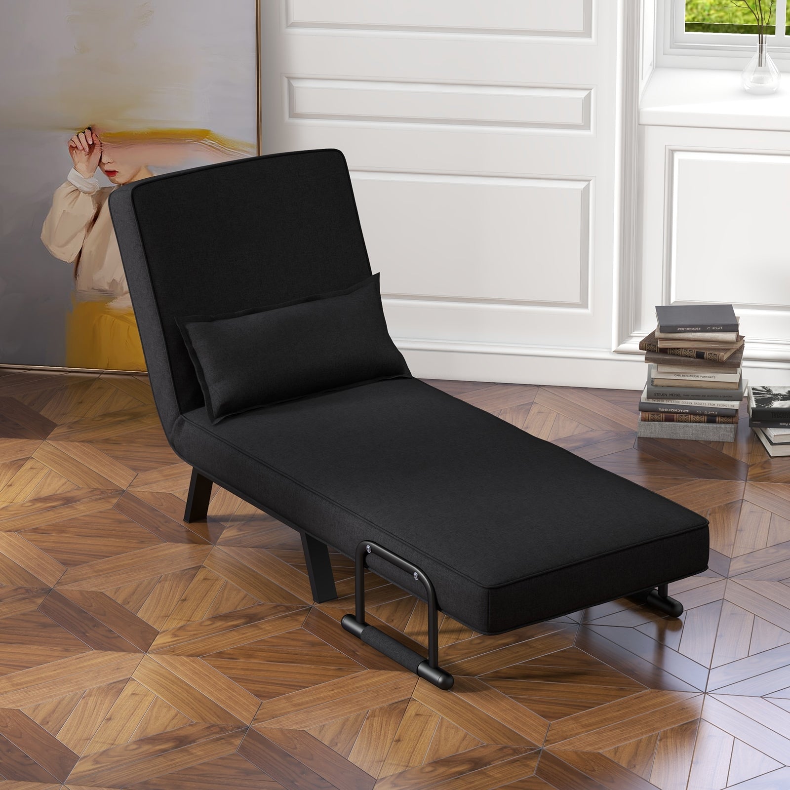 Folding 6 Position Convertible Sleeper Bed Armchair Lounge Couch with Pillow-BlackÂ