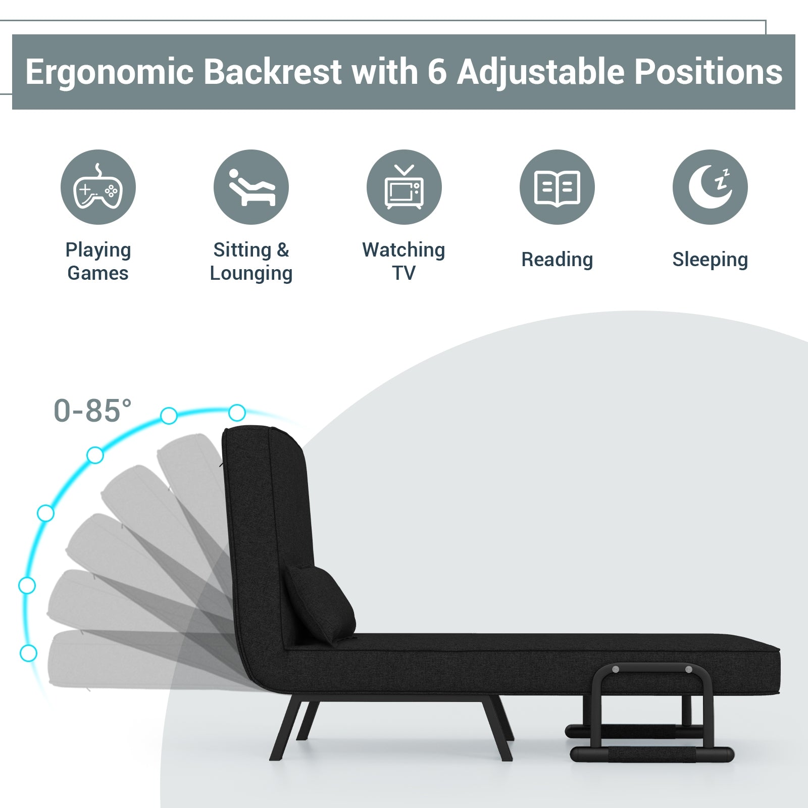 Folding 6 Position Convertible Sleeper Bed Armchair Lounge Couch with Pillow-BlackÂ