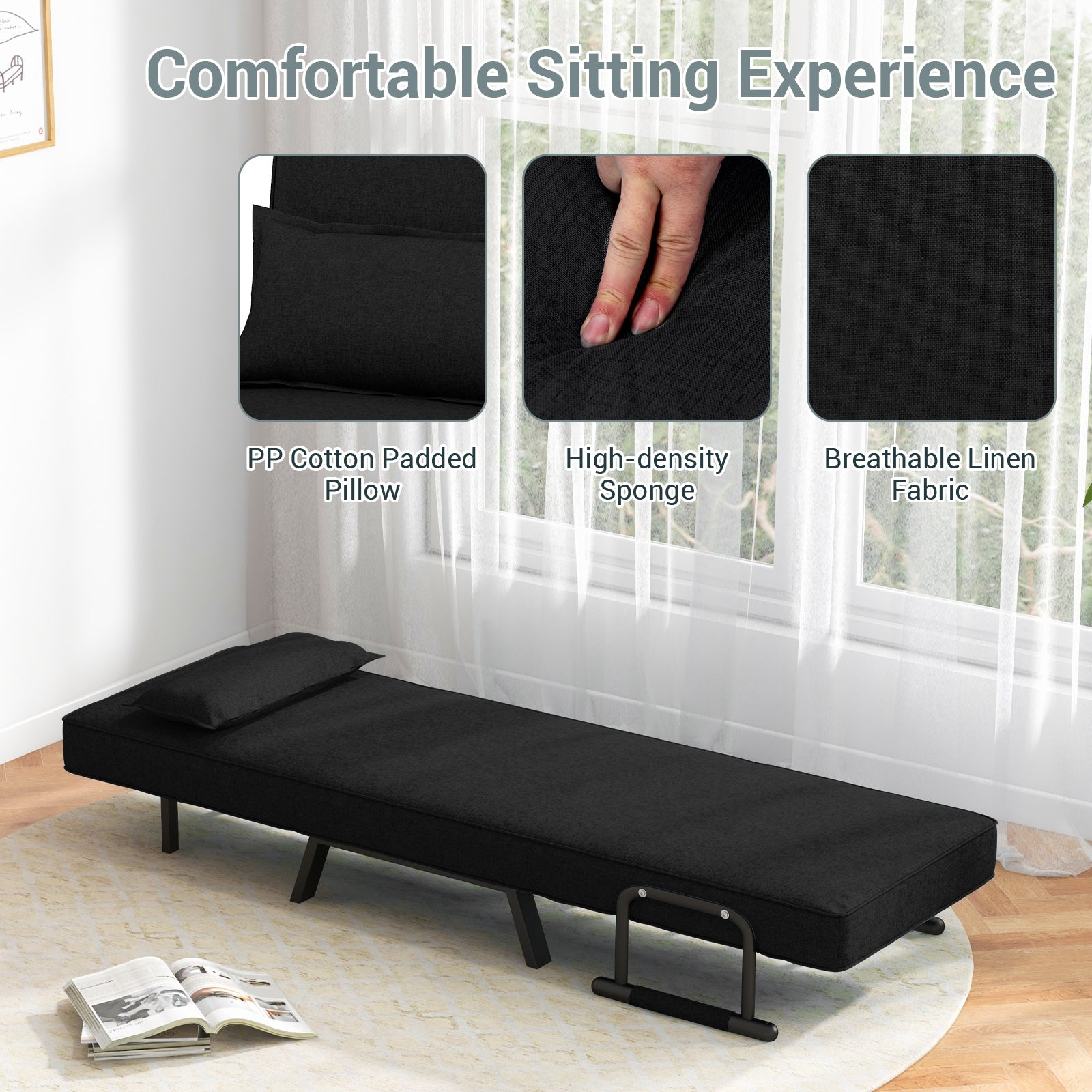 Folding 6 Position Convertible Sleeper Bed Armchair Lounge Couch with Pillow-BlackÂ