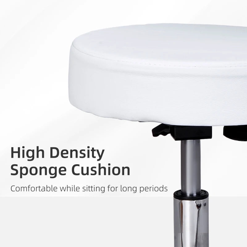 Adjustable Rolling Stool with Back, PU Leather Round Swivel Drafting Stool with Wheels for Kitchen, Salon Spa, Bar, Home Office, Massage, White