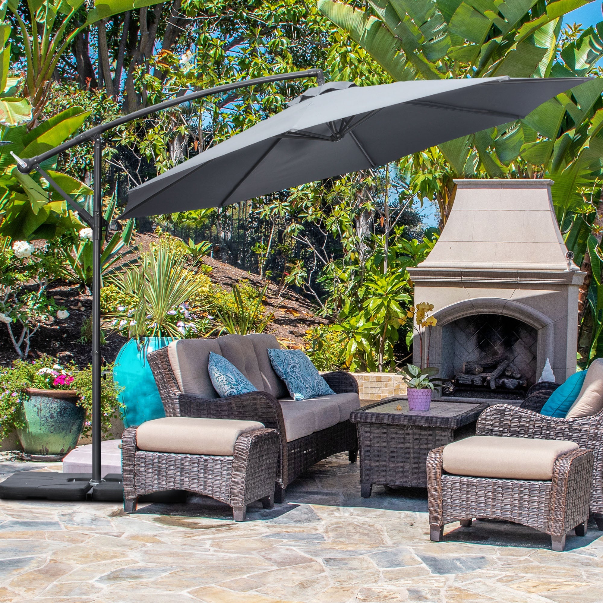 Outsunny 9.6ft Offset Patio Umbrella Garden Hanging Parasol Banana Cantilever with Base Crank Dark Grey