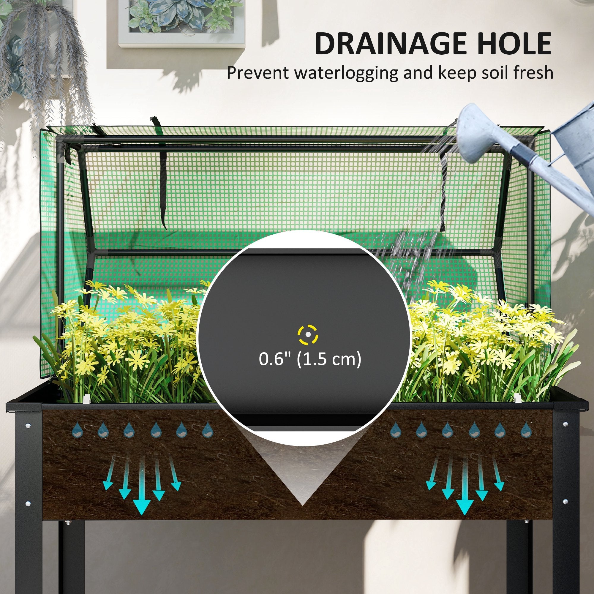 Outsunny Raised Garden Bed Planter with PE Greenhouse Cover, Elevated Garden Bed Box with Drainage Hole for Flowers, Black