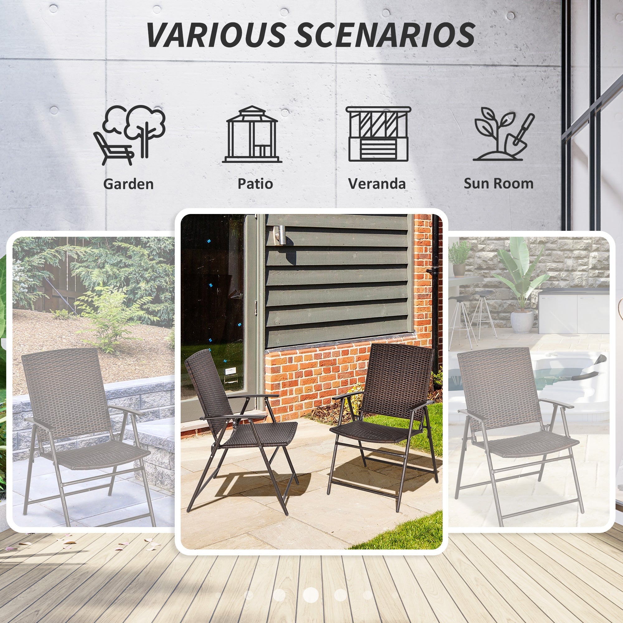 Outsunny Brown Rattan Outdoor Wicker Dining Chair Set of 2 Foldable with Steel Frame for Garden Backyard Porch