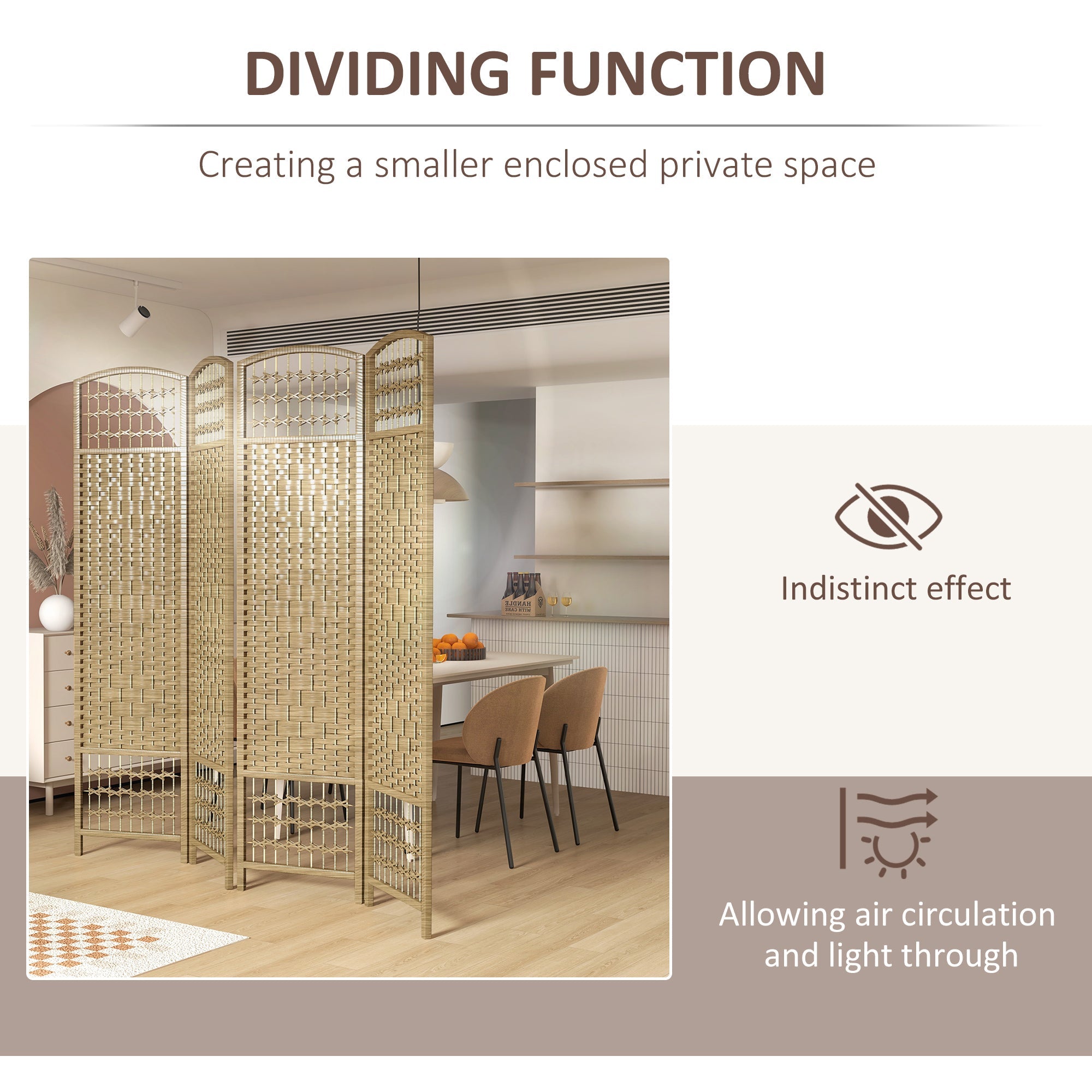 HOMCOM 4-Panel Folding Room Partition: Portable Privacy Screen, Wave Fiber Room Partition for Home Office, Natural
