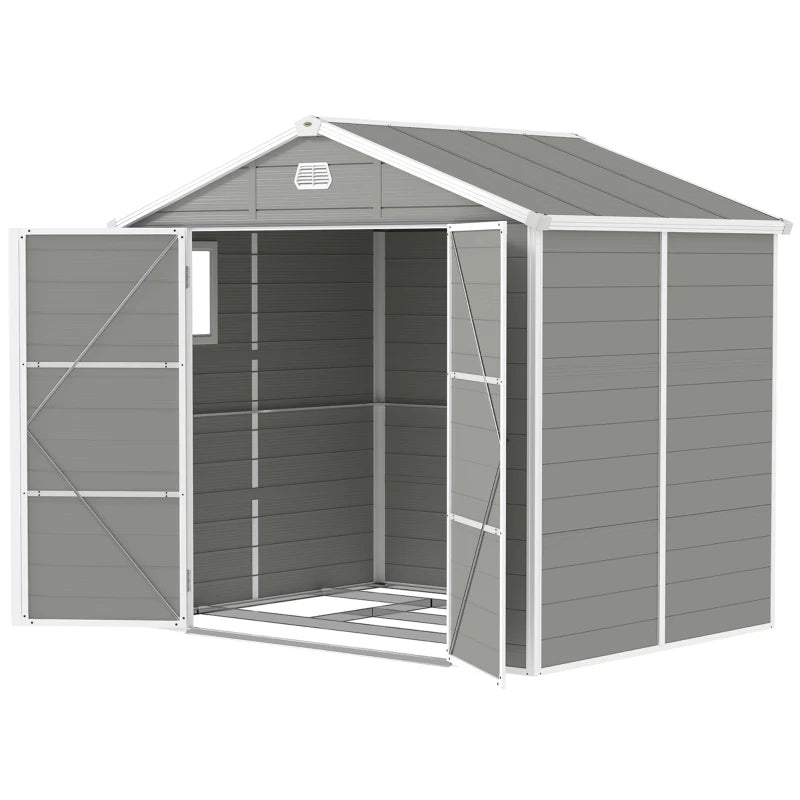 8' x 6' Plastic Garden Storage Shed with Latch Door, Vents, Sloped Roof, Light Grey