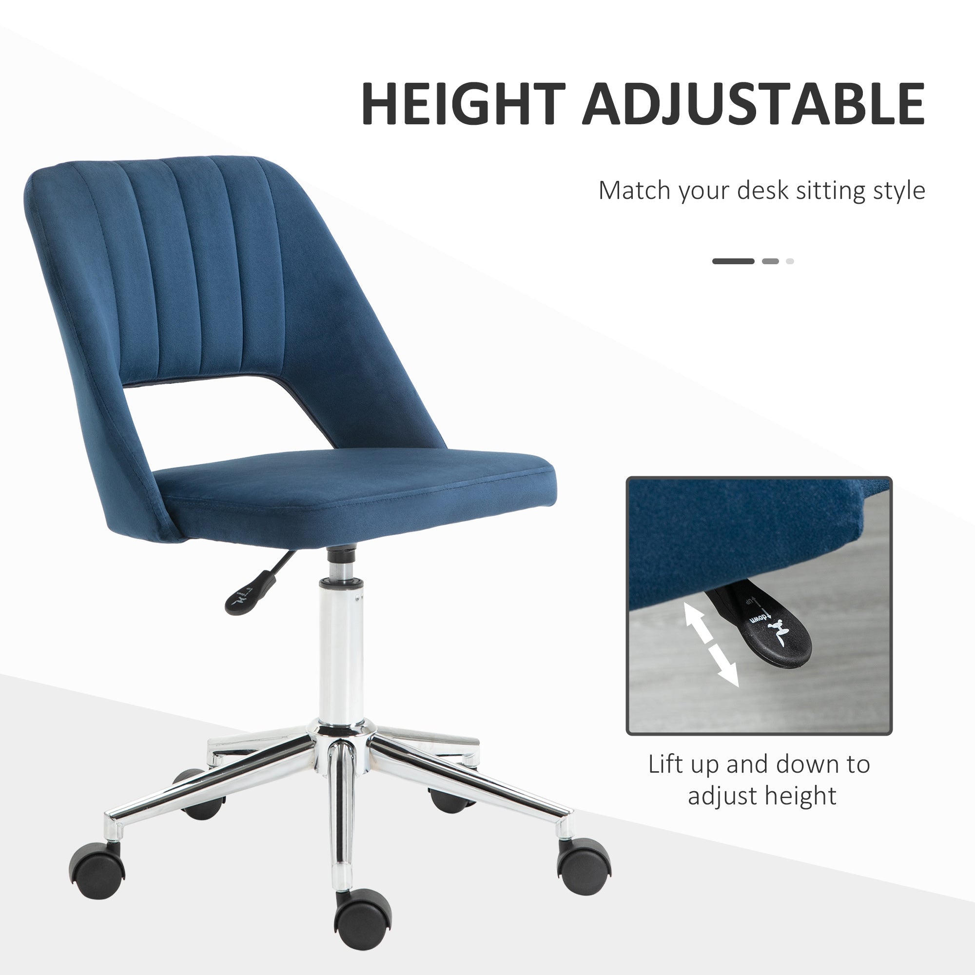Vinsetto Ergonomic Swivel Chair: Plush Velvet Upholstery, Scalloped Backrest & 360° Mobility for Comfortable Computing, Blue