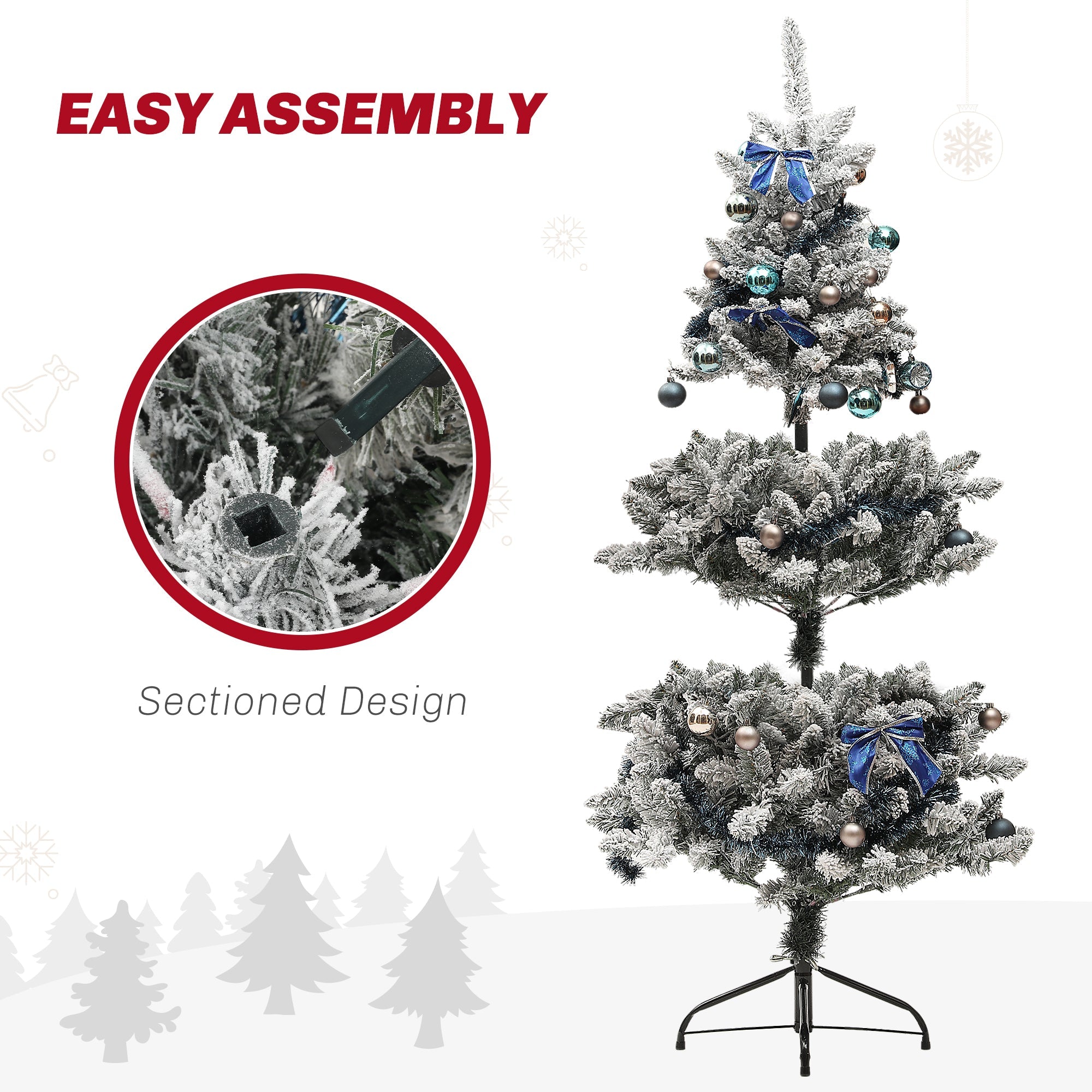 HOMCOM 5ft Prelit Artificial Christmas Tree with Blue Ornaments, Flocked Christmas Tree with LED Lights for Holiday