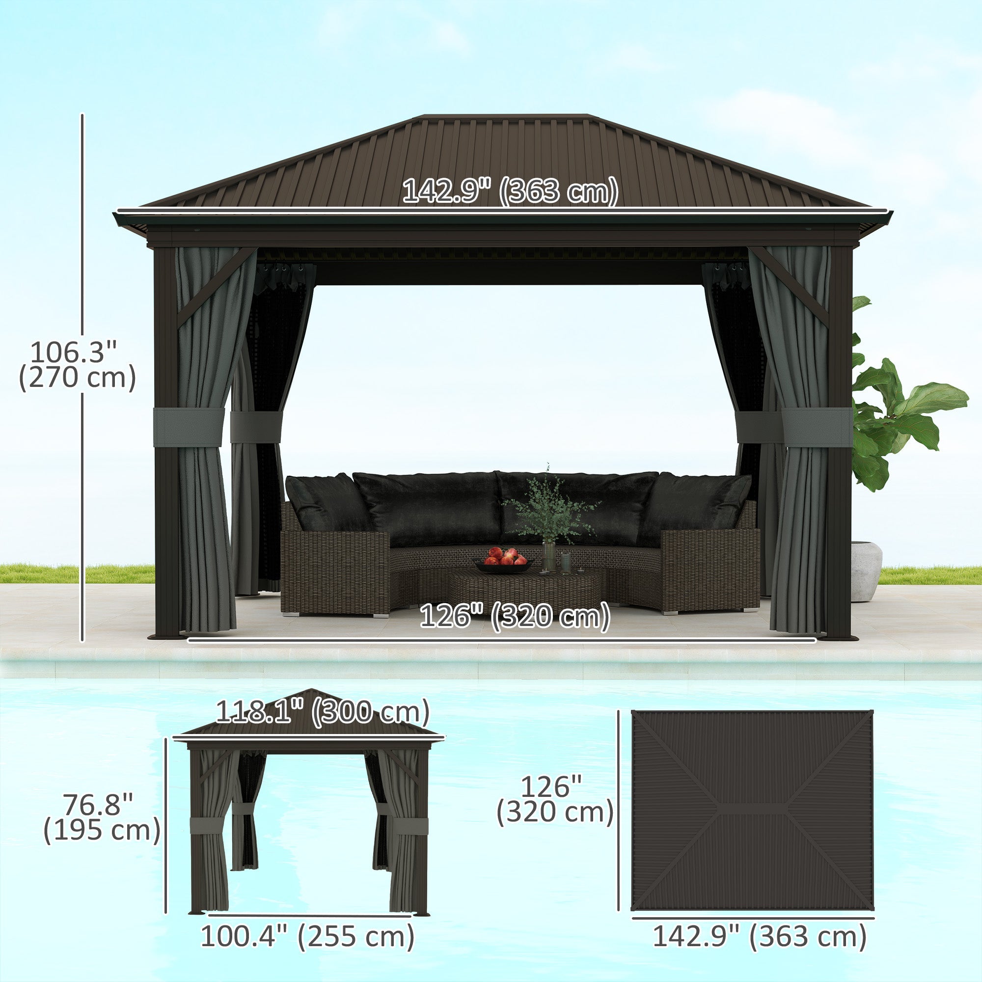 Outsunny 10' x 12' Outdoor Hardtop Gazebo Metal Roof Patio Gazebo with Aluminum Frame, Mesh Nettings, Dark Grey