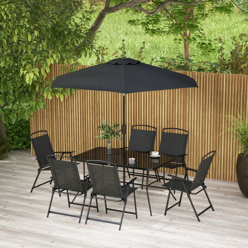 8 Piece Patio Set with Umbrella, 6 Folding Chairs, Rectangle Table, Outdoor Dining Set for 6 with Mesh Seat, Black