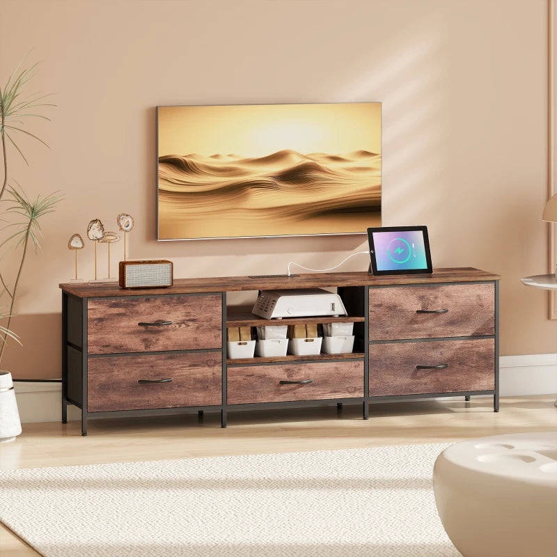 TV Stand for TVs up to 70 Inch, Industrial TV Console with Charging Station, 5 Drawers and Open Shelves, Rustic Brown
