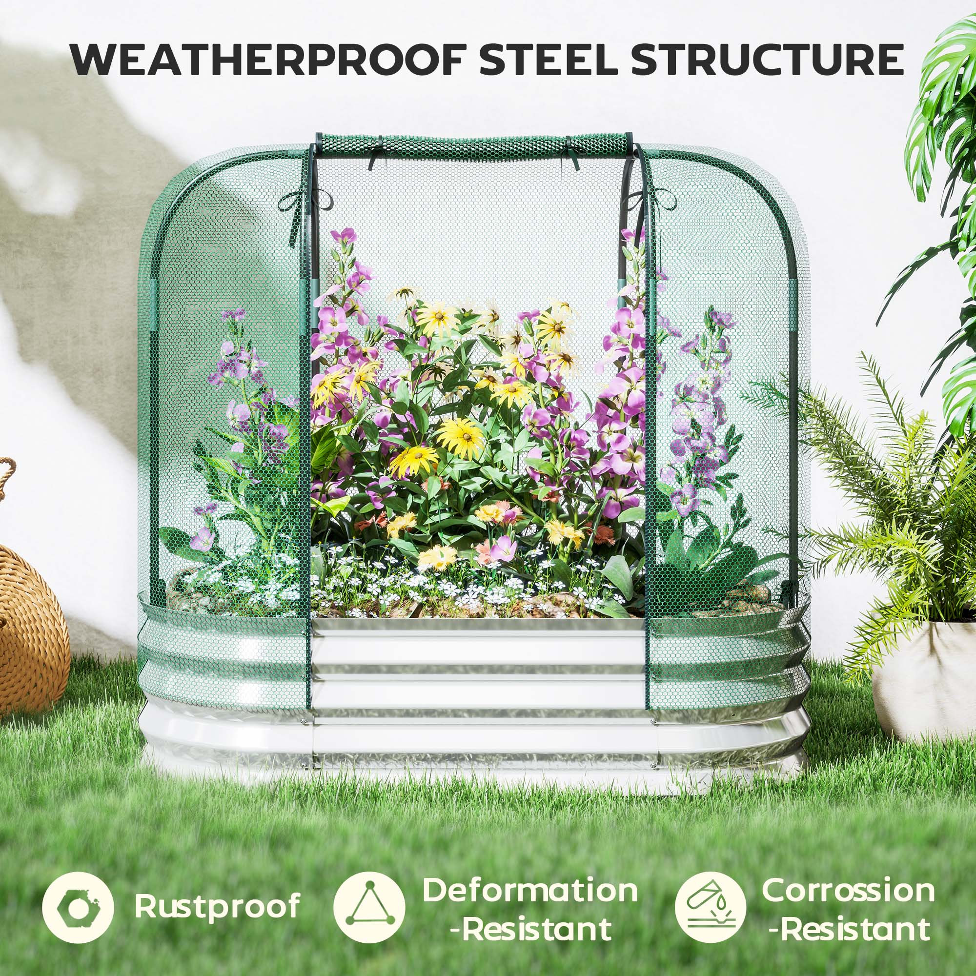 Outsunny Galvanized Raised Garden Bed with Crop Cage Protection Net Cover, Outdoor Planter Box for Vegetables, Flowers, Herbs