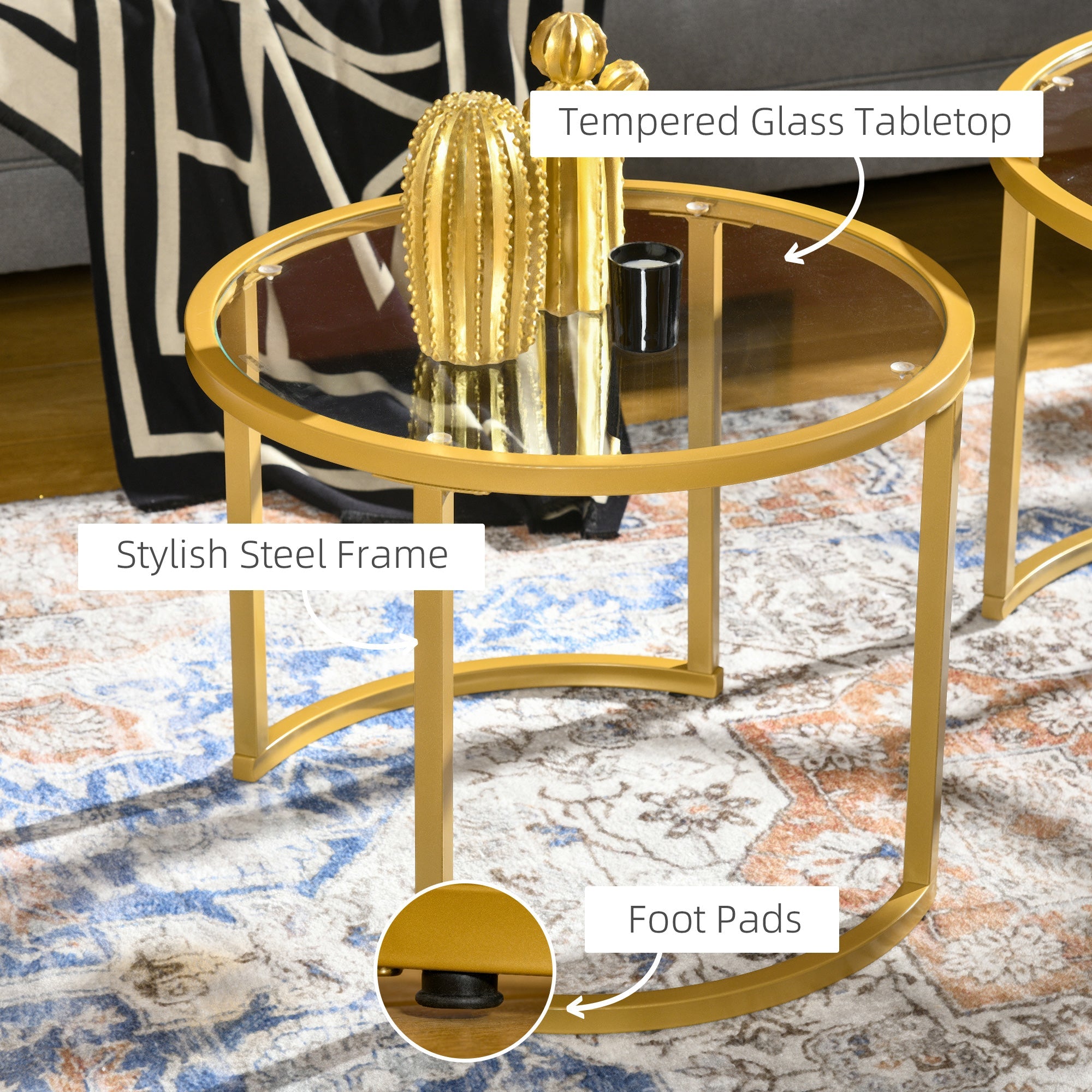 Homcom Gold Round Nesting Tables: Set of 2 with Tempered Glass Top & Steel Frame for Modern Living Room