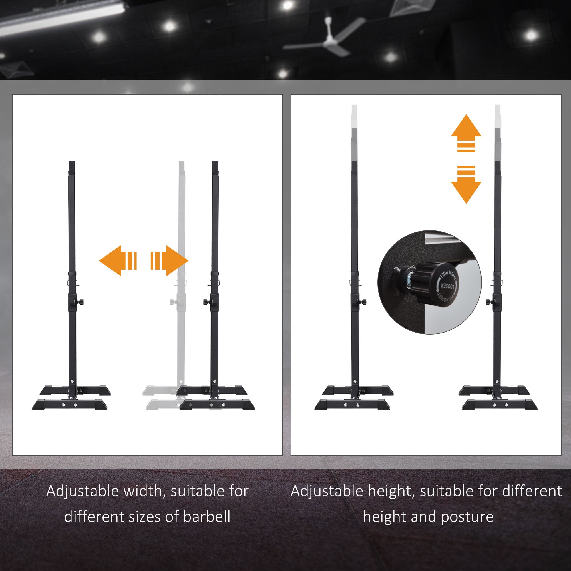 Soozier Adjustable Stable Power Squat Stand Portable 2 Bars Barbell Holder Weight Lifting Rack Black for Home Gym Workout