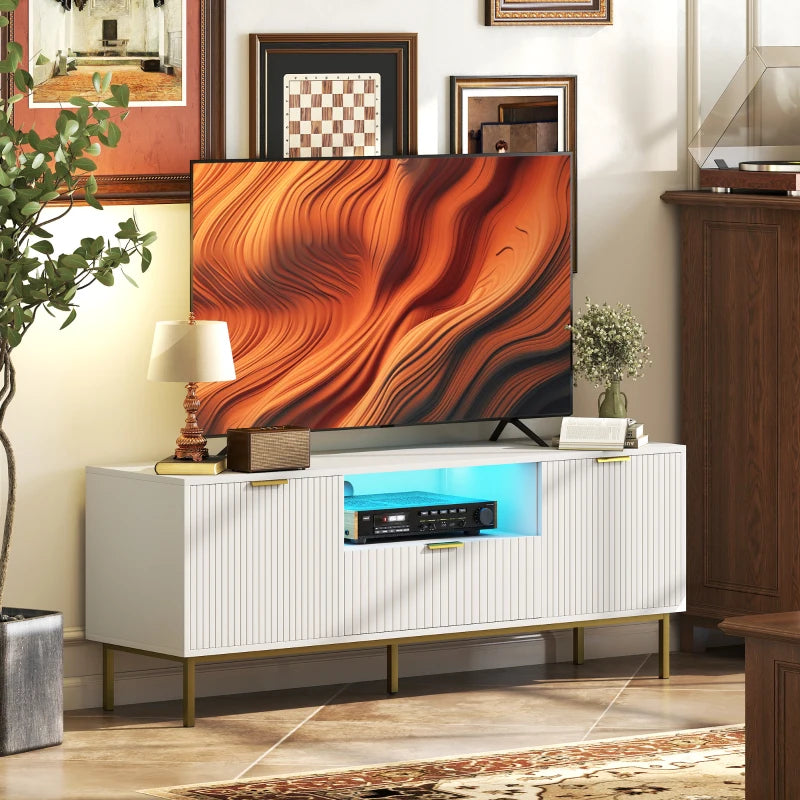 Modern TV Console for TVs up to 60 Inch, Entertainment Center with Smart RGB LED Lights and Soft Close Doors, White