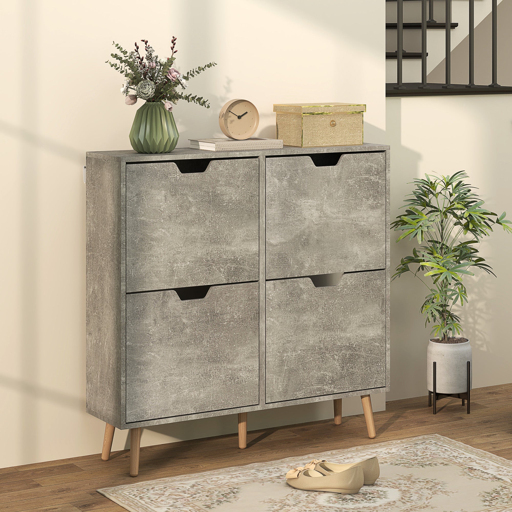 HOMCOM Shoe Storage Cabinet with 4 Flip Drawers and Adjustable Shelf, Shoe Cabinet for 16 Pairs of Shoes, Cement Grey