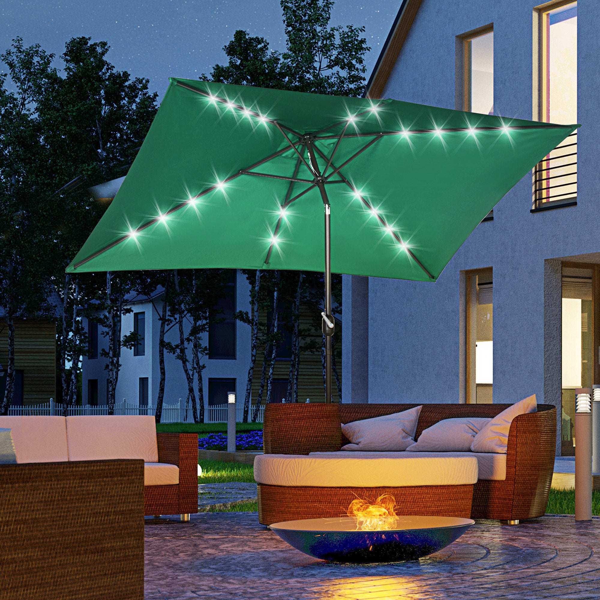 Outsunny Patio Umbrella: 6.5x10ft Rectangular Solar Powered LED Lights Aluminum Tilt Crank Dark Green