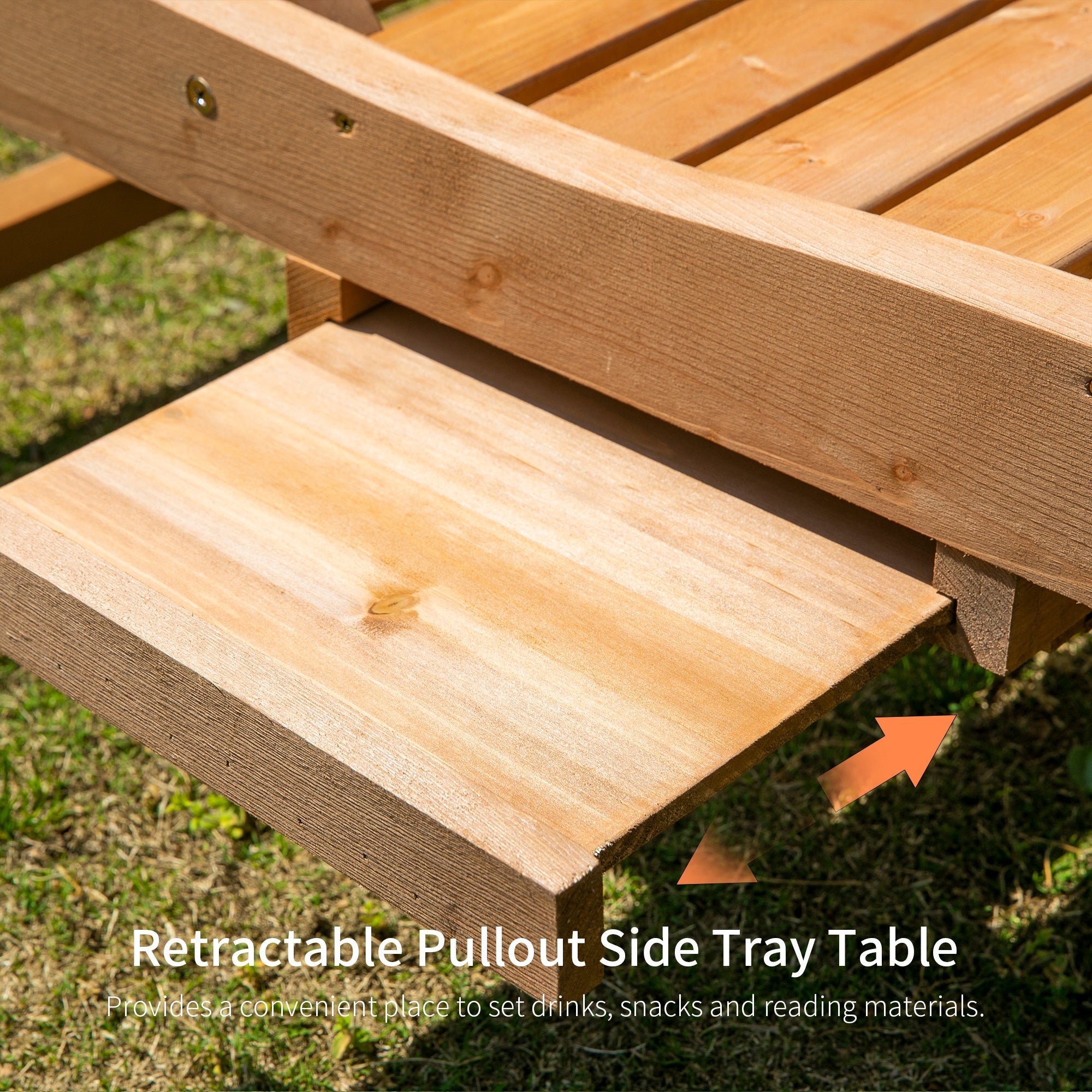 Outsunny Adjustable Wooden Chaise Lounge Outdoor Patio Recliner Garden Furniture with Pullout Tray and 2 Wheels