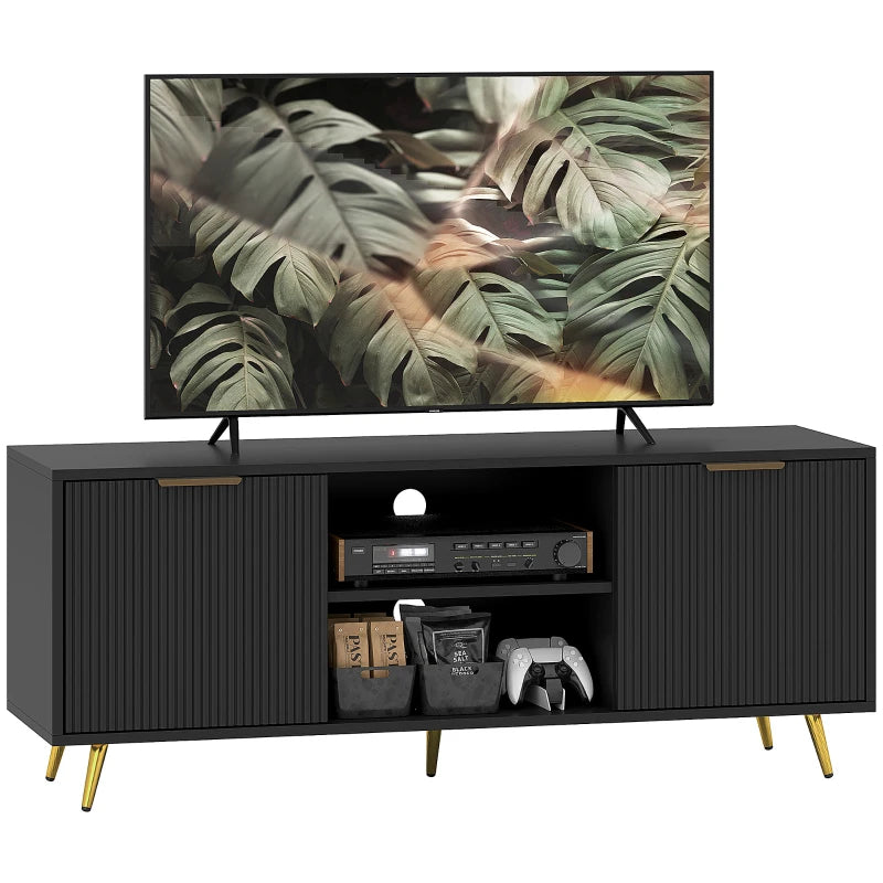 TV Stand with Storage for 55 Inch TV, Modern TV Cabinet with 2 Open Shelves and 2 Cabinets for Living Room, Black