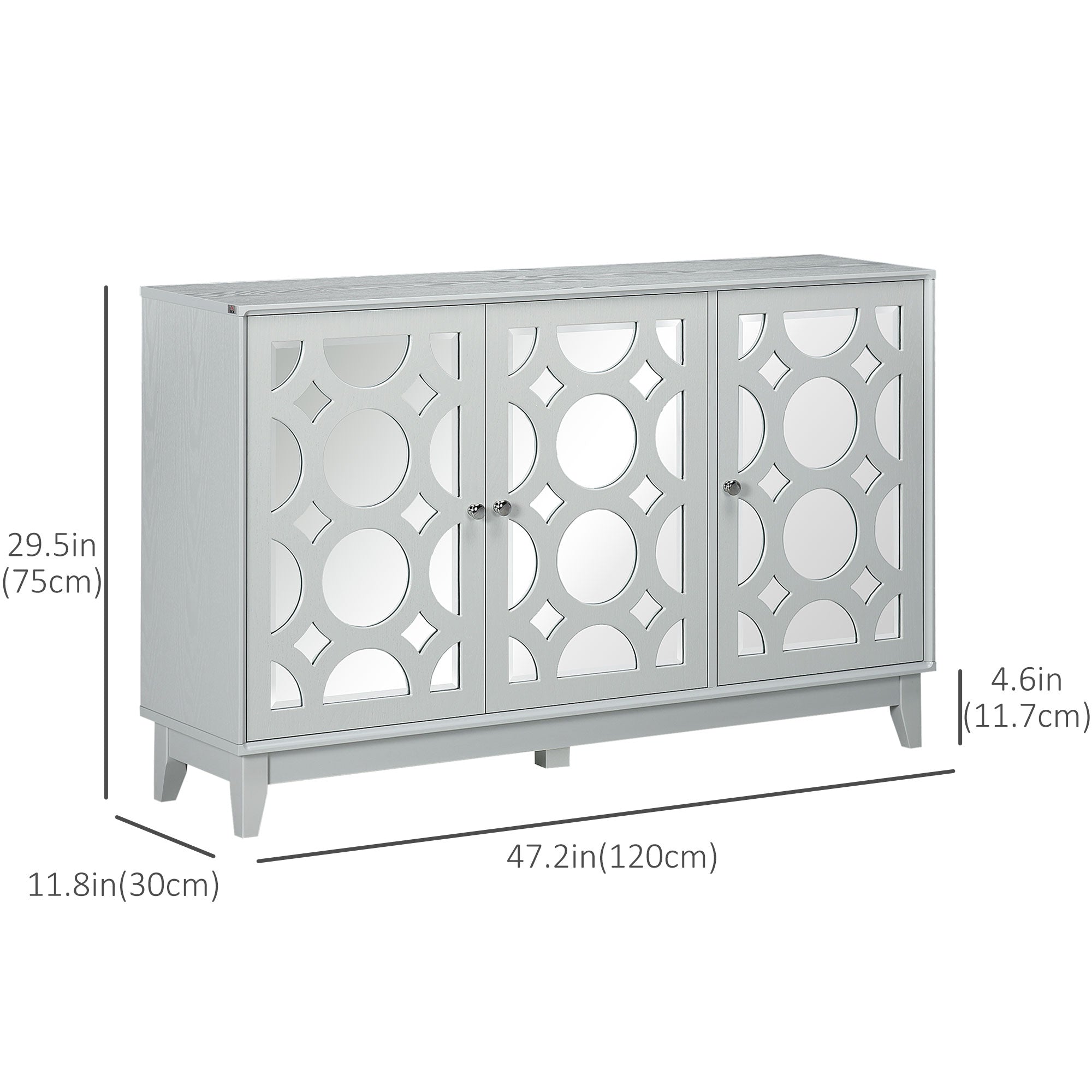 HOMCOM Grey Mirrored Door Buffet Table: Sideboard Kitchen Bar Cabinet with 3 Doors, 2 Cabinets and Adjustable Shelf