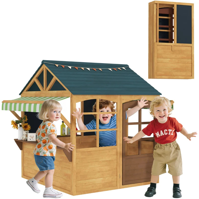 Qaba Wooden Foldable Outdoor Playhouse for Kids Ages 3-8, Snack Bars, Working Door, Rain Covers, Blackboards, Brown
