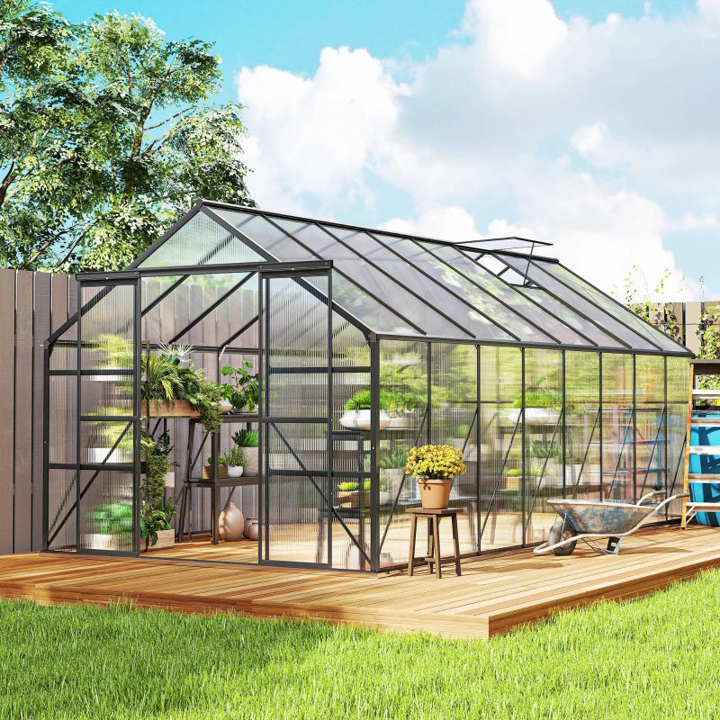 Aluminum Greenhouse Polycarbonate Walk-in Garden Greenhouse Kit with Rain Gutter and Sliding Door, 16' x 8', Dark Grey