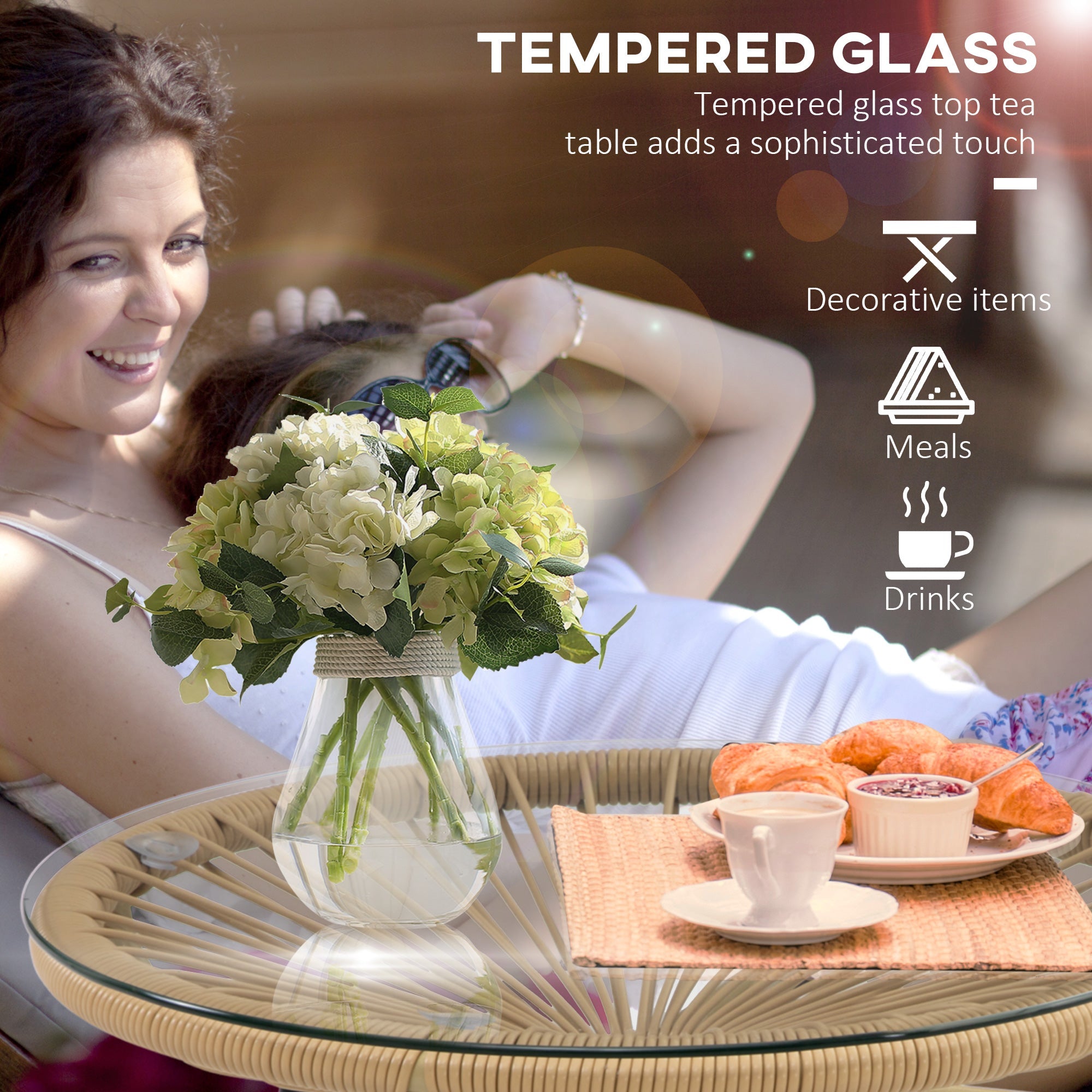 Outsunny Rattan Side Table Round Outdoor with PE Rattan Tempered Glass Top Patio Garden Beige