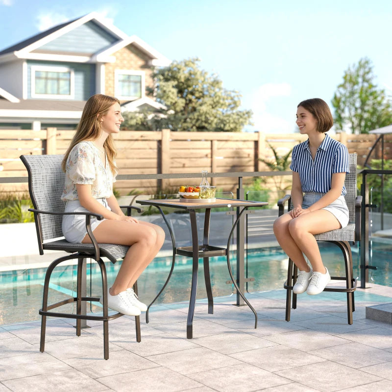 Outdoor Bar Stools Set of 2, Swivel Bar Height Chairs with High Back, Curved Armrests and Steel Frame, Mixed Grey