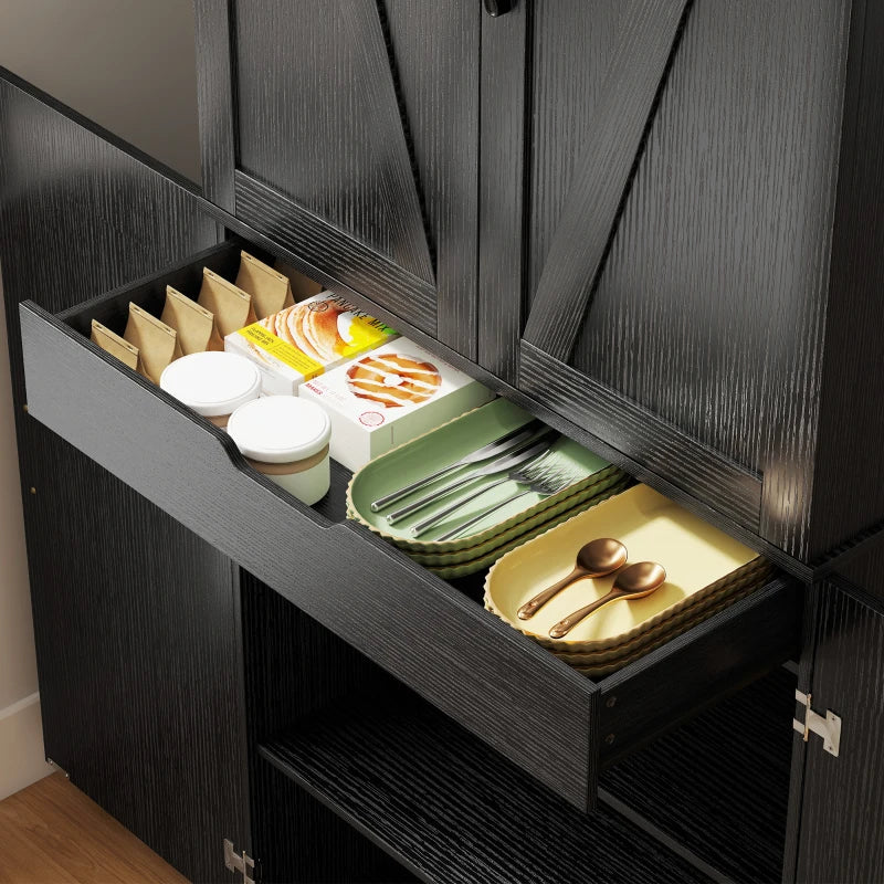 72" Kitchen Pantry Cabinet, Farmhouse Storage Cabinet with 4 Doors, Drawer, 8 Door Shelves and Adjustable Shelf, Black