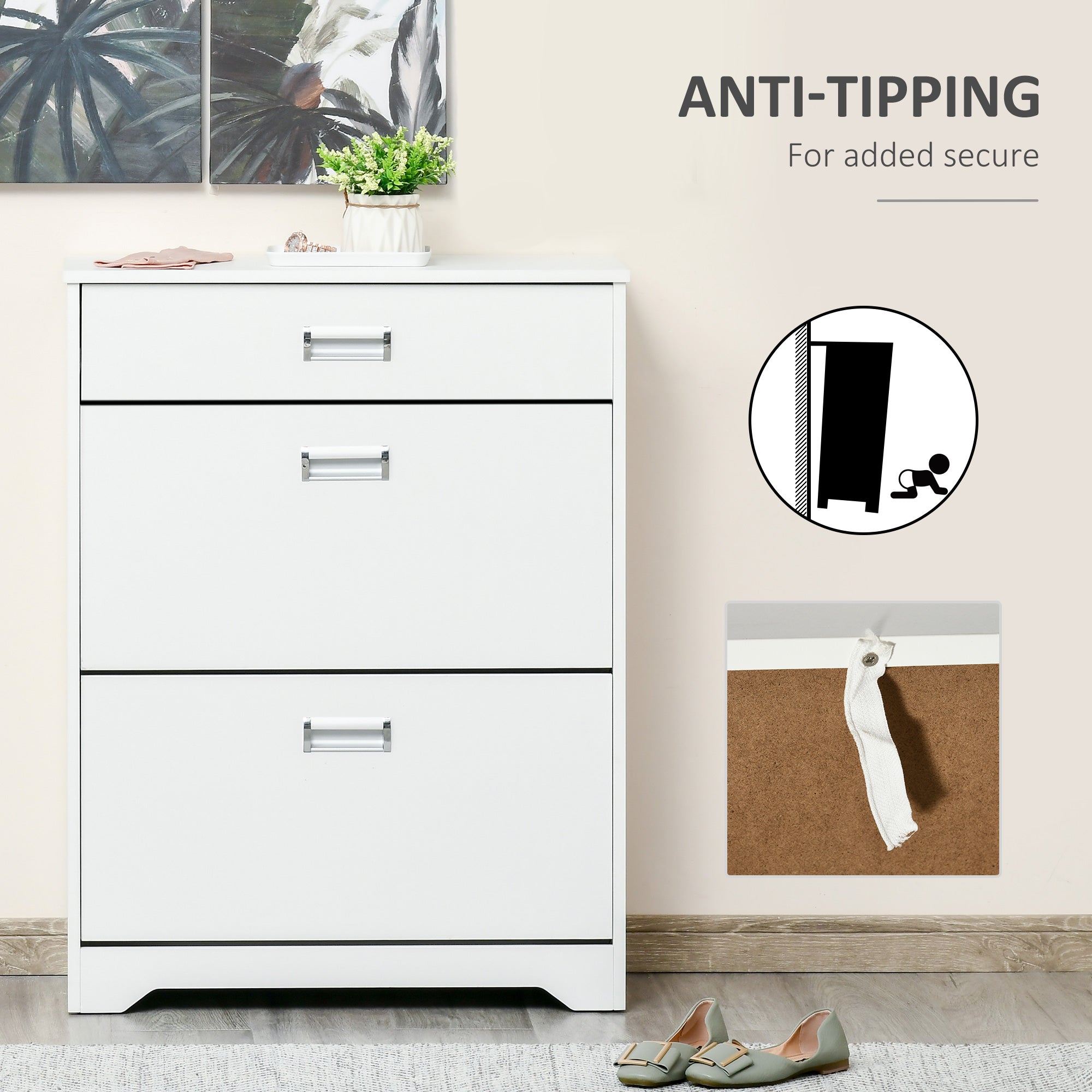 HOMCOM Compact Shoe Sanctuary: Storage Cabinet with Drawer, 2 Flip Doors, Adjustable Shelves for 16 Pairs, White