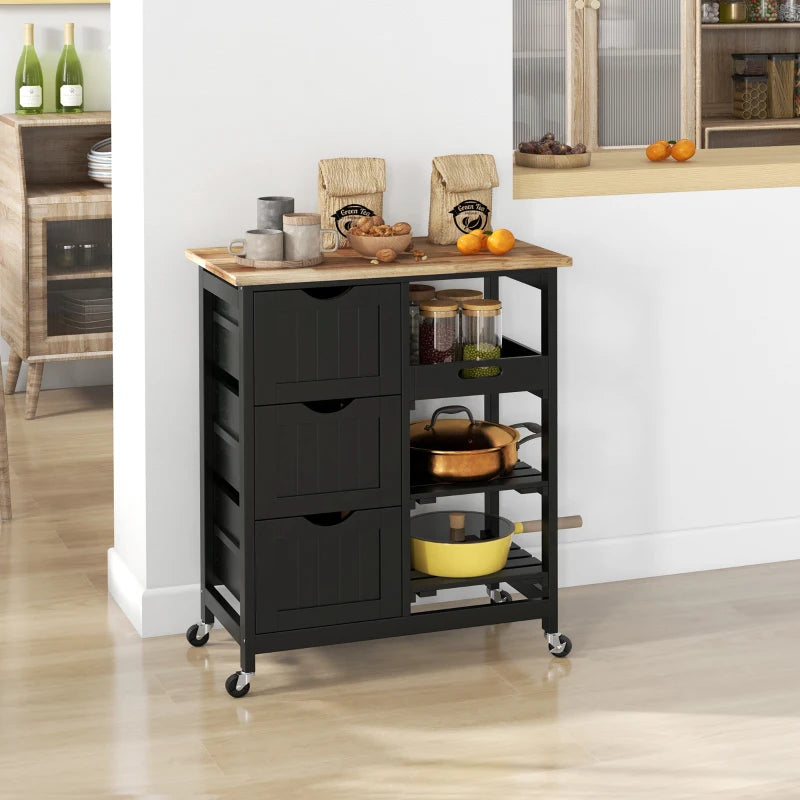 Kitchen Cart on Wheels, Rolling Kitchen Island Cart with Wood Top, 3 Drawers and Shelves for Home Dining Area, Black