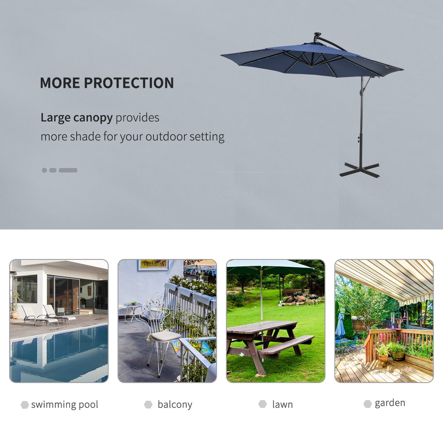 Outsunny 10ft Outdoor Cantilever Umbrella with Solar Lights Banana Adjustable Angle for Patio Backyard Navy Blue