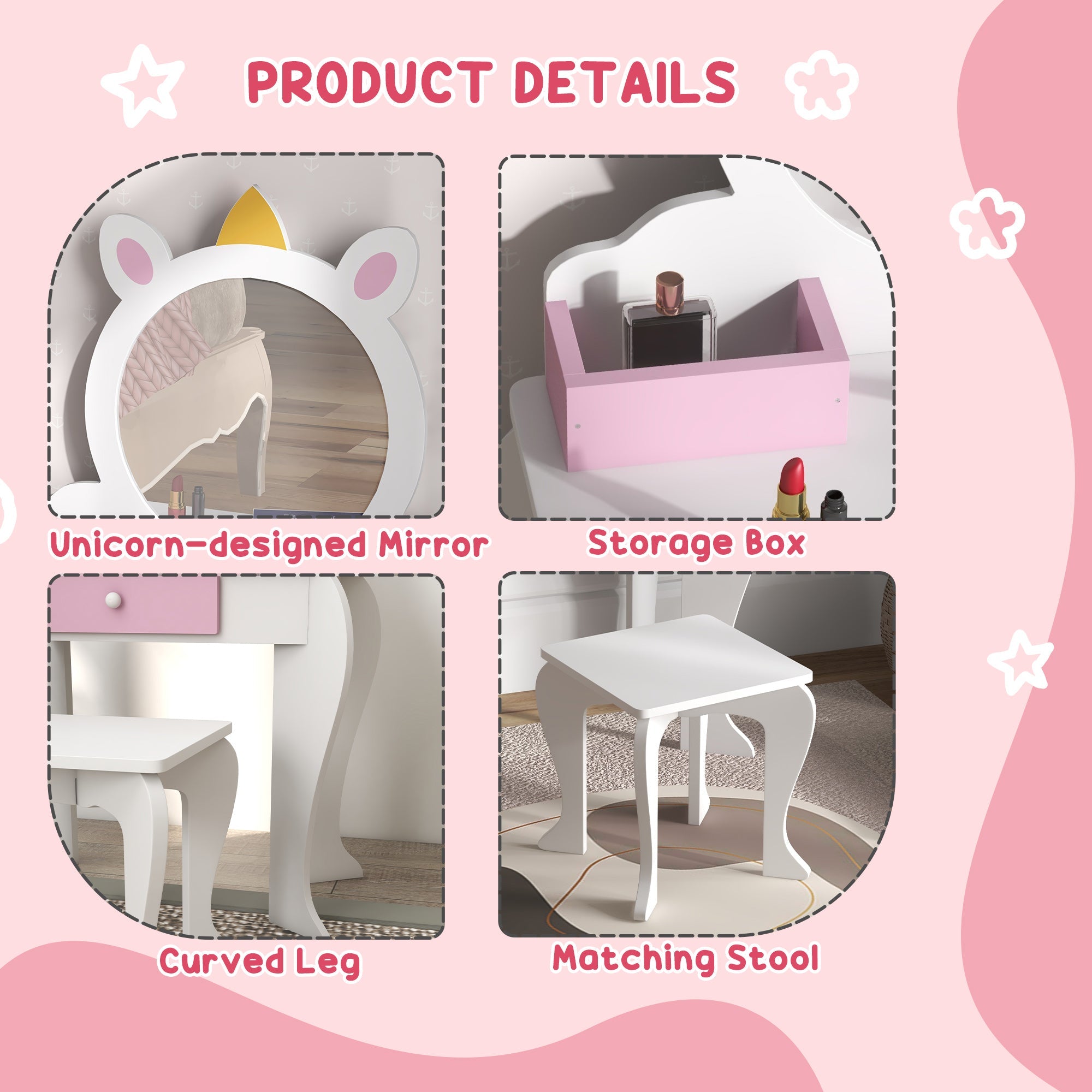 Qaba Unicorn Vanity Set: Stool, Mirror, Drawer, Storage Boxes for Kids, White