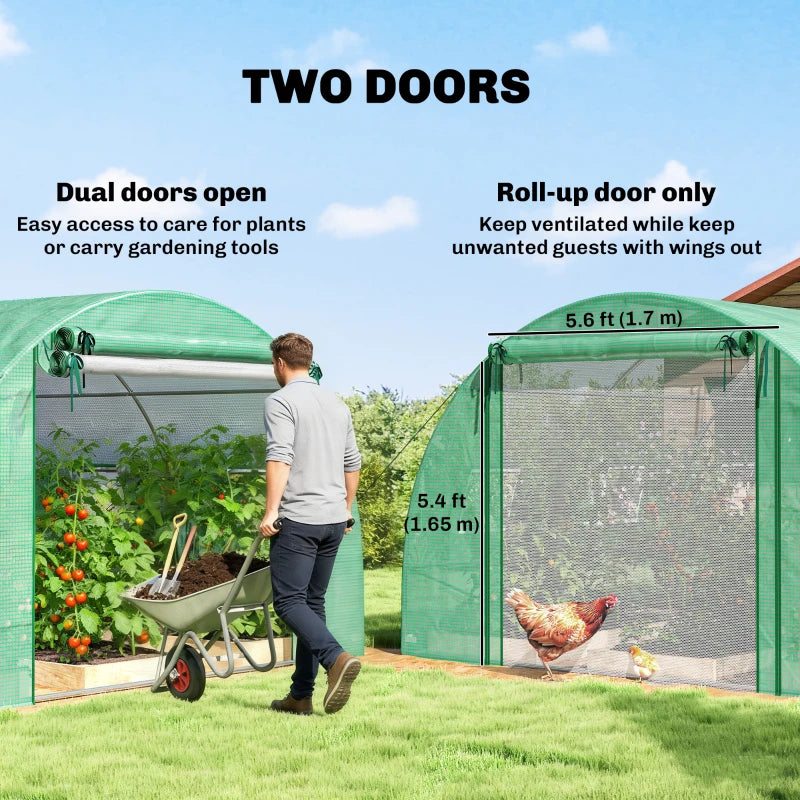 Walk-in Tunnel Greenhouse with 2 Support Rods, Mesh Door, Plant Hot House with PE Cover, 20'x10'x7', Green