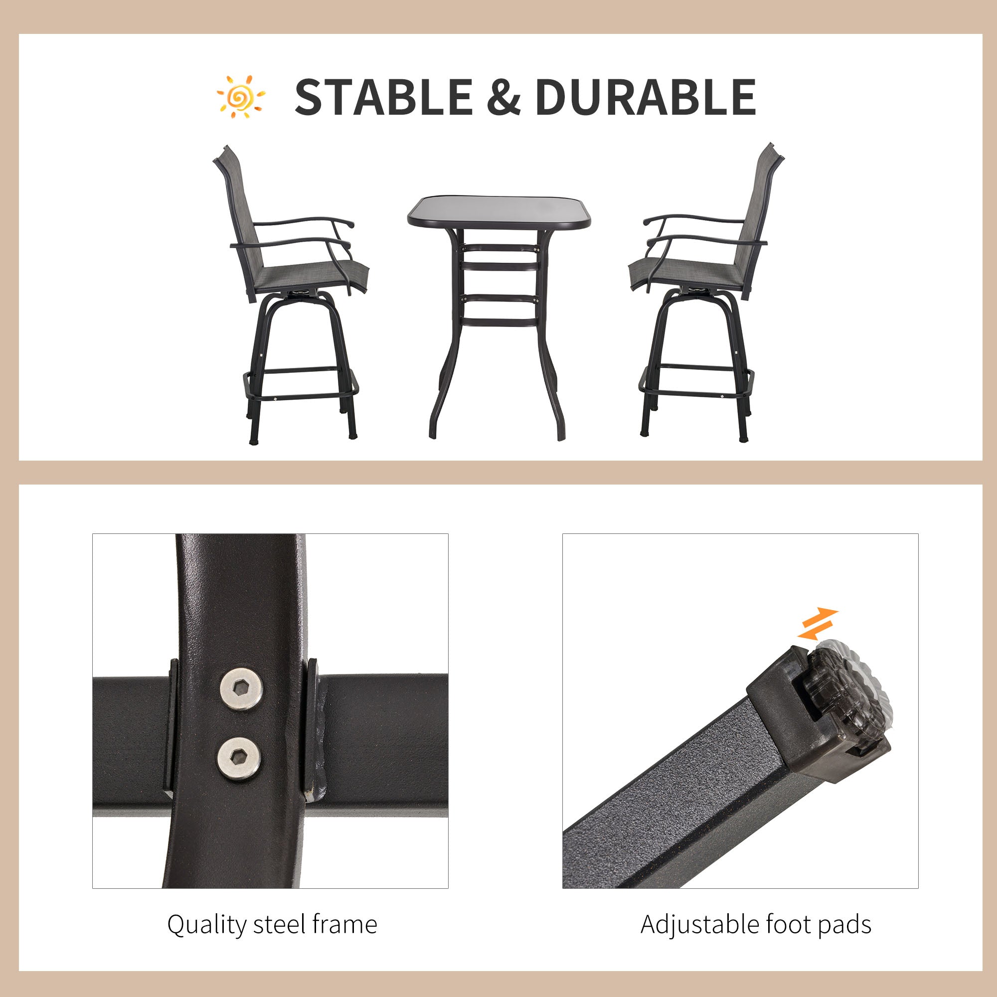 Outsunny 3 Piece Outdoor Patio Bar Set 2 Swivel Stool and 1 Bistro Table All-Weather Metal Frame for Balcony Backyard Deck Grey