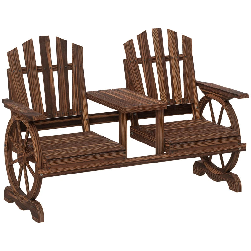 Wooden Outdoor Loveseat, Wagon Wheel Outdoor Bench with Table, Carbonized