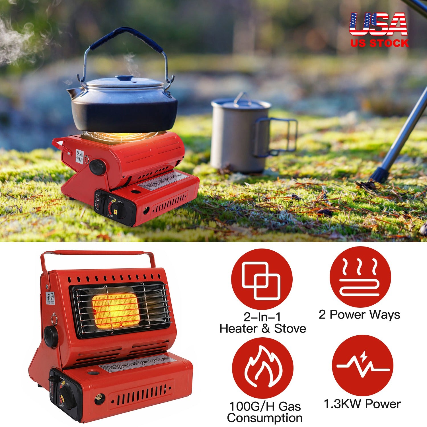 2 in 1 Portable Butane Burner Heater Outdoor Butane Gas Heater Warmer Heating Cooking Stove Cooker for Camping Fishing RV Travel