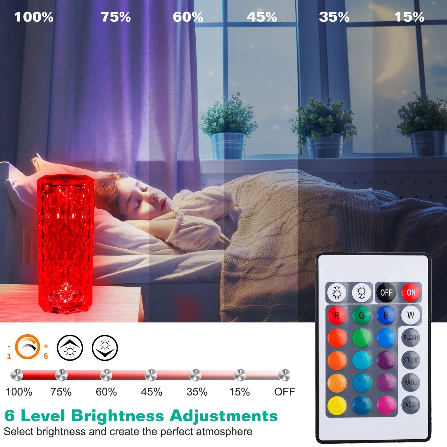 Crystal Diamond Rose Table Lamp Dimmable Remote Touch Control Beside LED Night Light Rechargeable 16 Color Change Atmosphere Bar Lamp