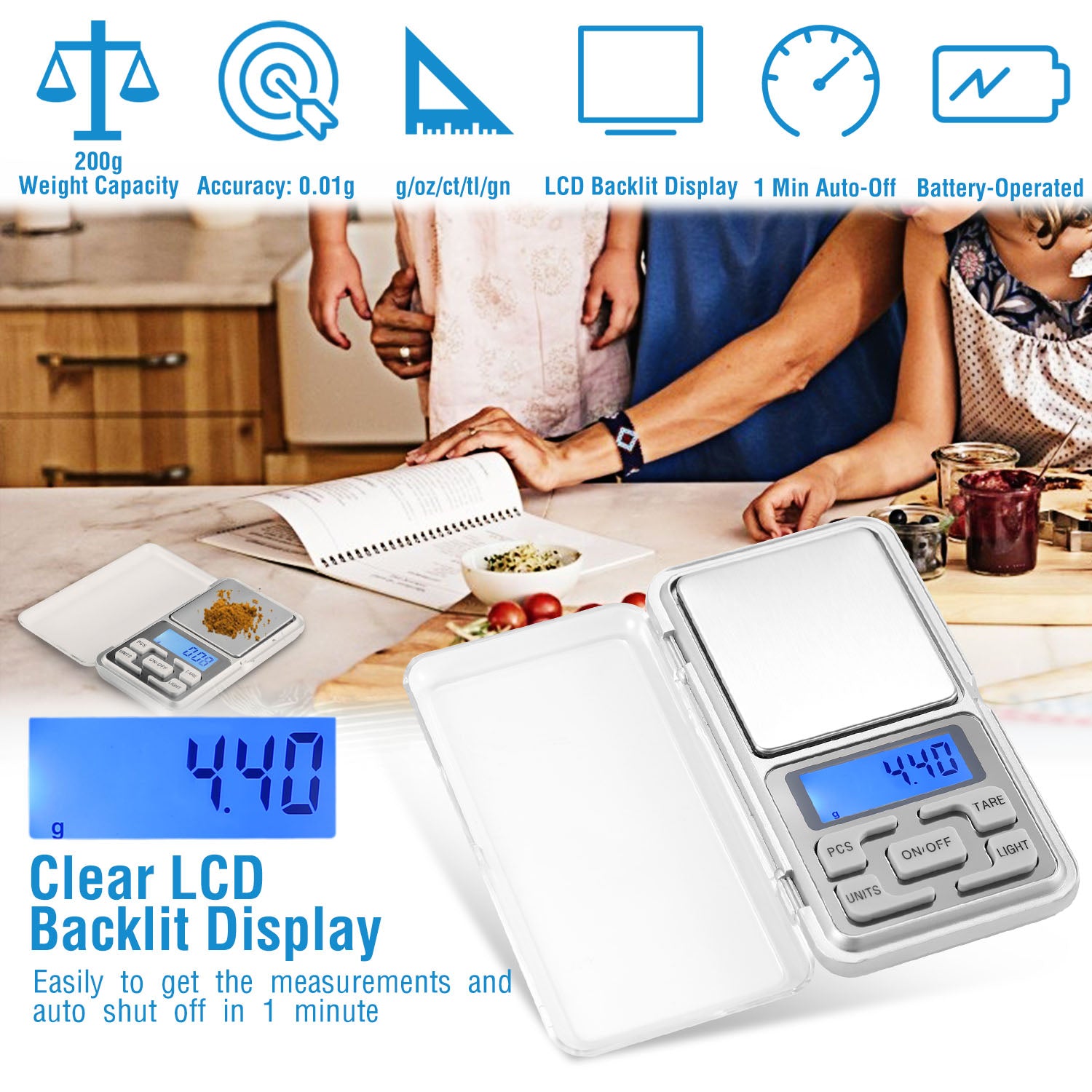 200g x 0.01g Digital Scale Pocket Jewelry Scale Kitchen Electronic Scale Tare Function w/ 5 Units LCD Backlit Display Auto-Off Tare Pcs Function