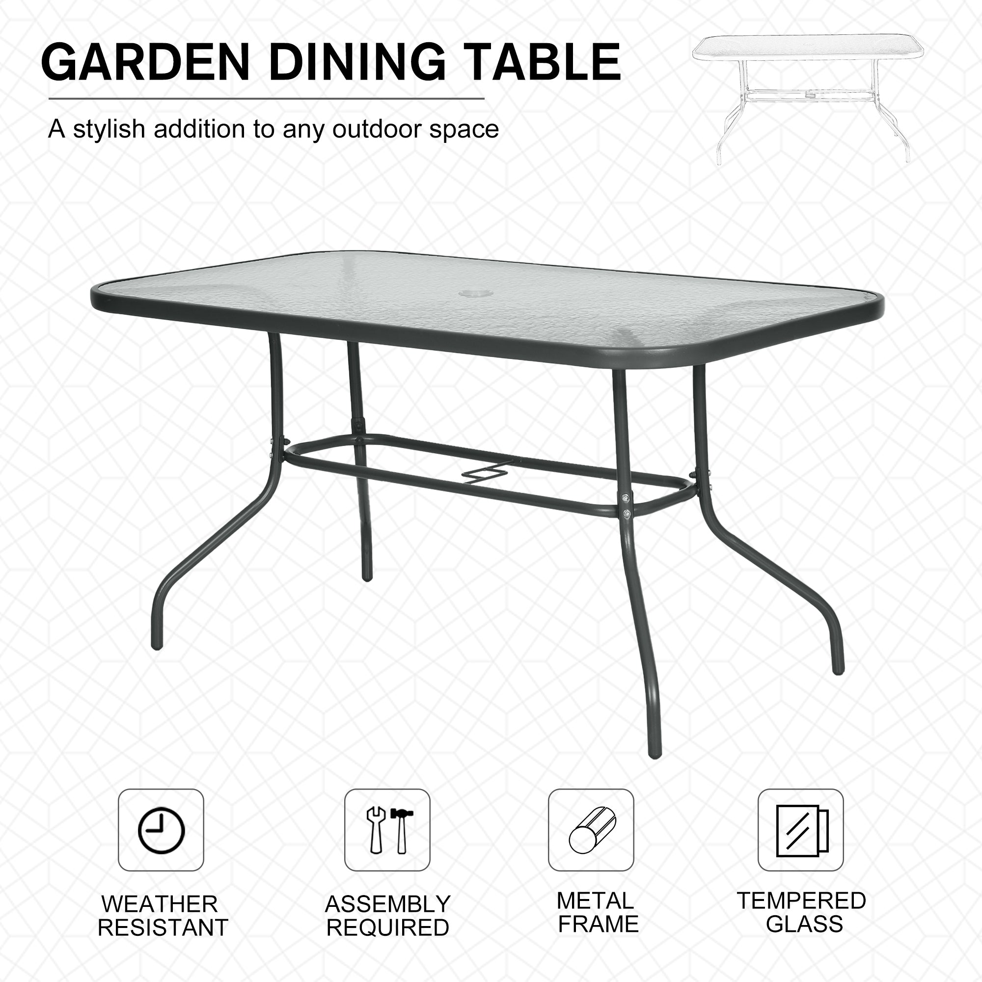 Outsunny Metal Garden Dining Tables Outdoor Patio w/ Tempered Glass Top, Umbrella Hole, 55" x 31.5"