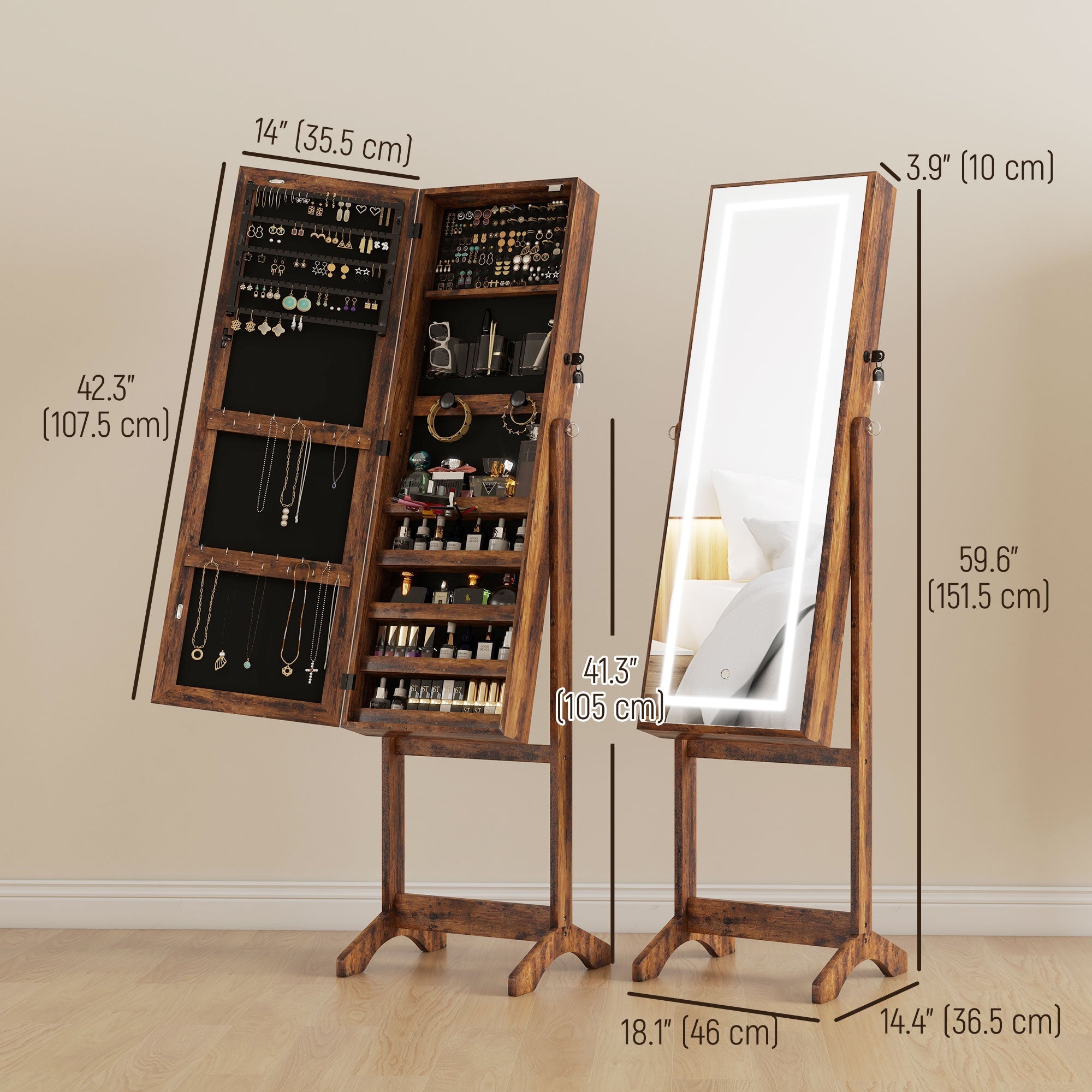 HOMCOM Lockable Jewelry Armoire with LED Light Standing Mirror with Storage for Bedroom Dressing Room Rustic Brown