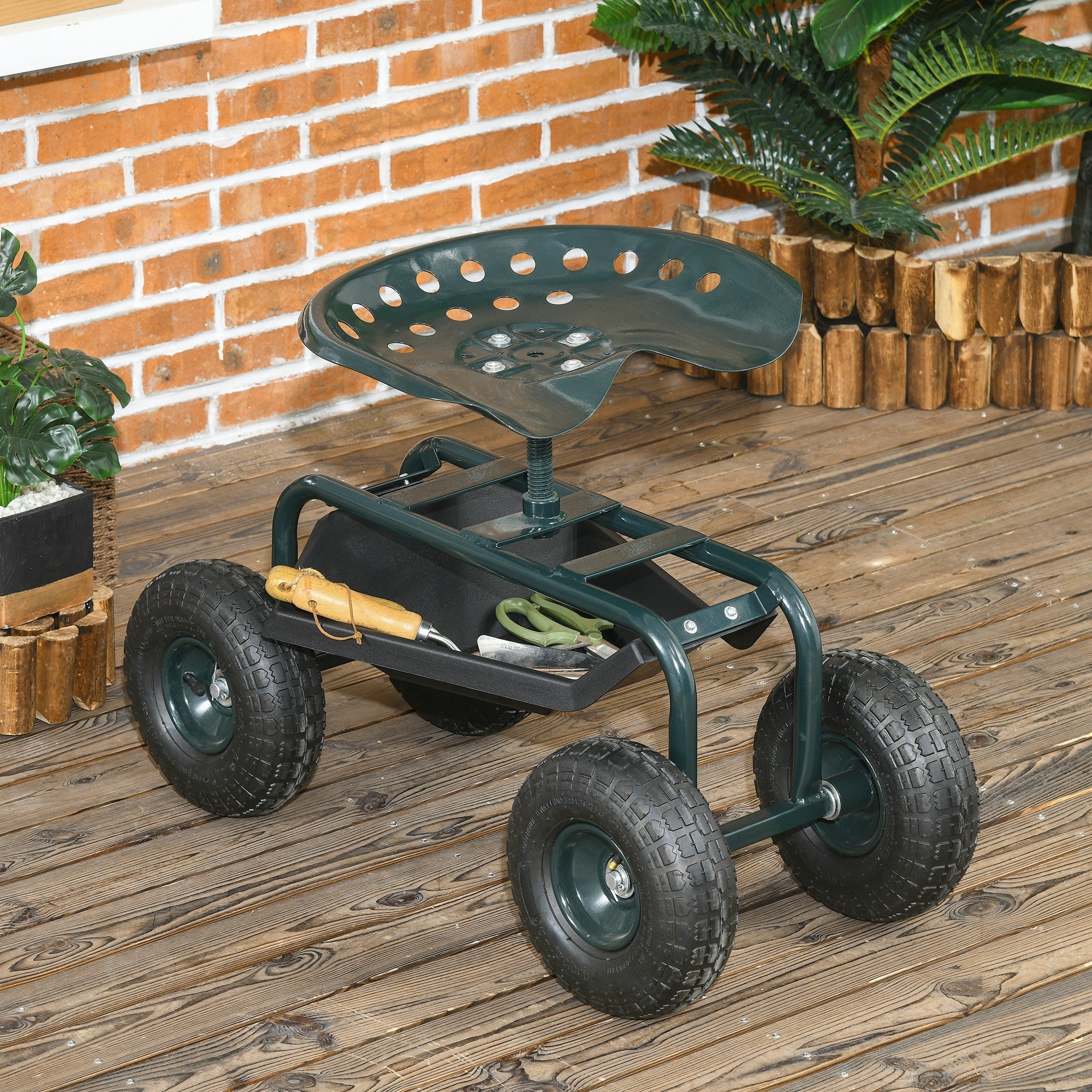Outsunny Garden Cart with Seat on Wheels Tool Tray 360° Swivel Height Adjustable for Patio Yard