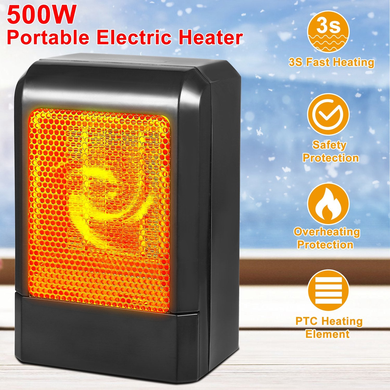 500W Portable Electric Heater PTC Ceramic Heating Fan 3S Heating Space For Home Office Use