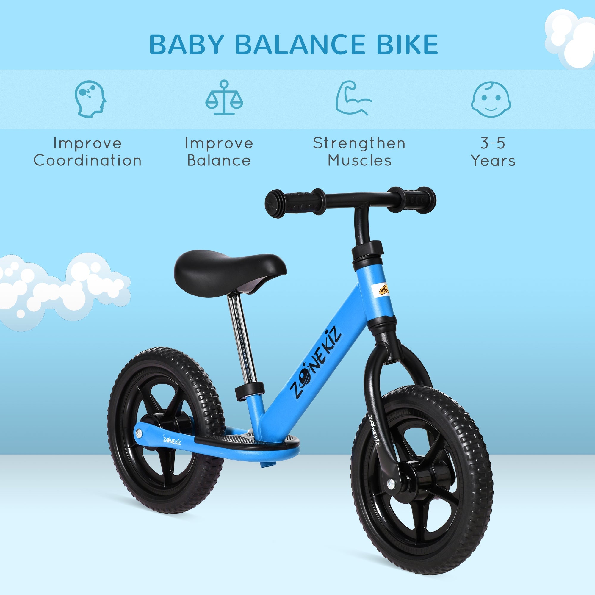 Aosom Qaba 12 Kids Balance Bike No Pedal Training Bicycle Adjustable Seat Handlebar Toddler Bike 3 - 5 Years