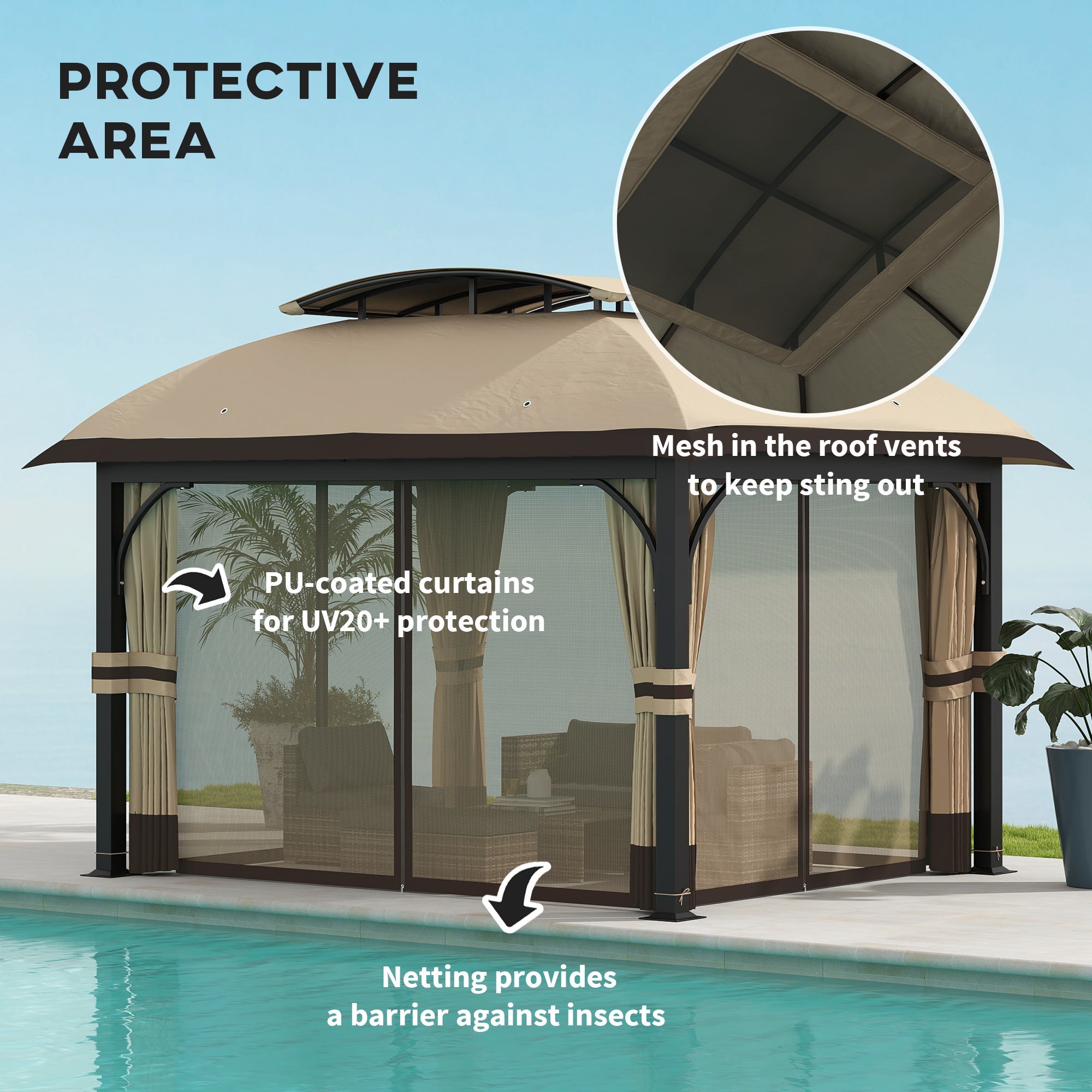 Outsunny 11' x 13' Patio Gazebo, Double Roof Outdoor Gazebo Canopy with Netting & Curtains, Galvanized Metal Frame, Khaki