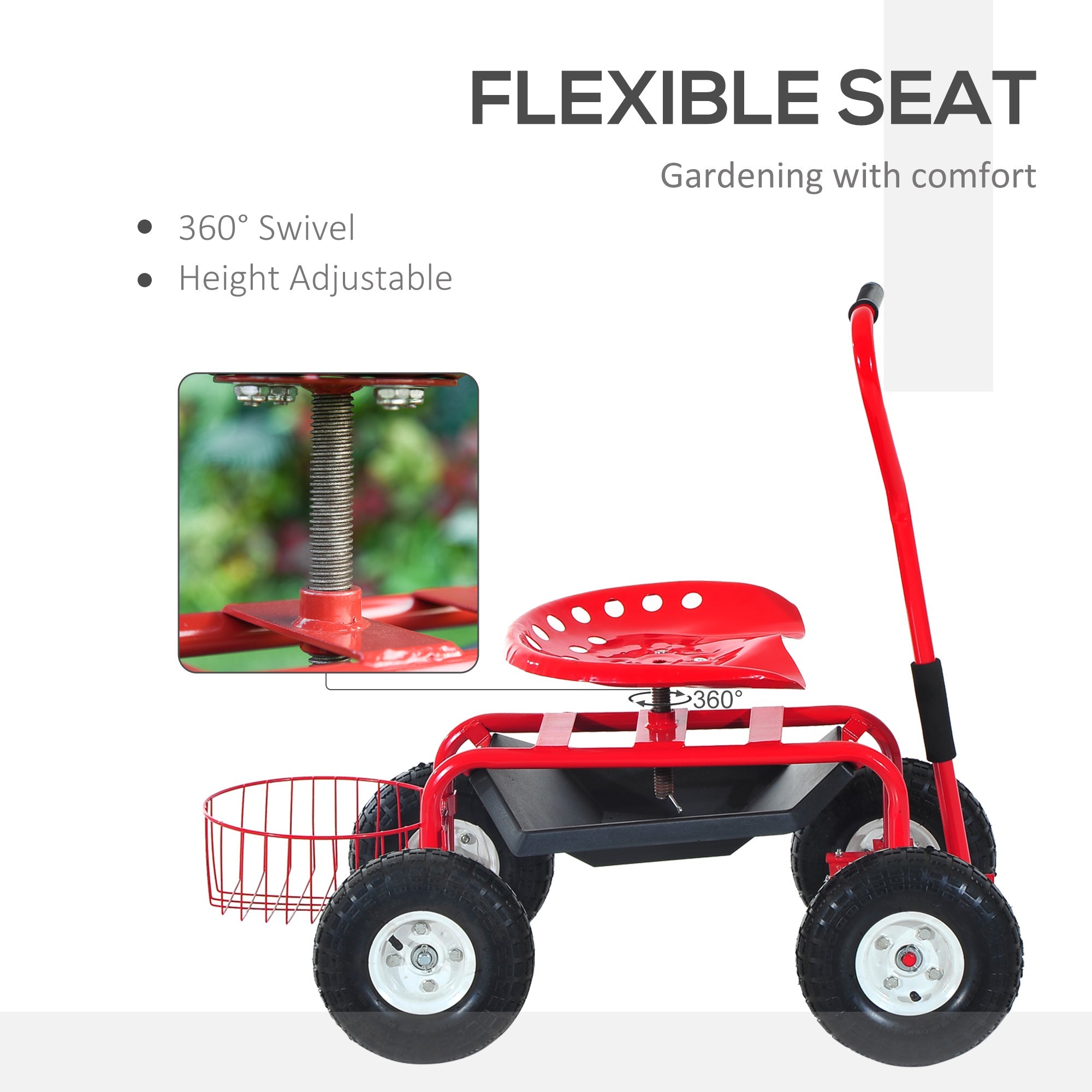 Outsunny Garden Cart, Rolling Scooter with Swivel and Adjustable Seat, Tool Tray, Bucket Basket, Red and Black